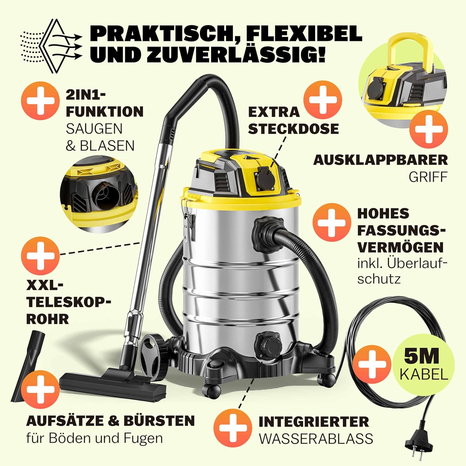 Monzana® Nass Trockensauger 30L 1200W + 1000W Steckdose GS-Zertifiziert 9m Bewegungsradius Blasfunktion Staubsauger Industrie Edelstahl Waschsauger Nasssauger — Ansicht 3
