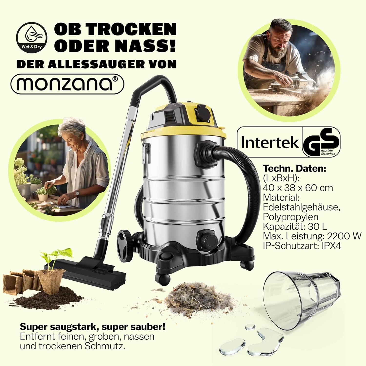 Monzana® Nass Trockensauger 30L 1200W + 1000W Steckdose GS-Zertifiziert 9m Bewegungsradius Blasfunktion Staubsauger Industrie Edelstahl Waschsauger Nasssauger — Ansicht 4