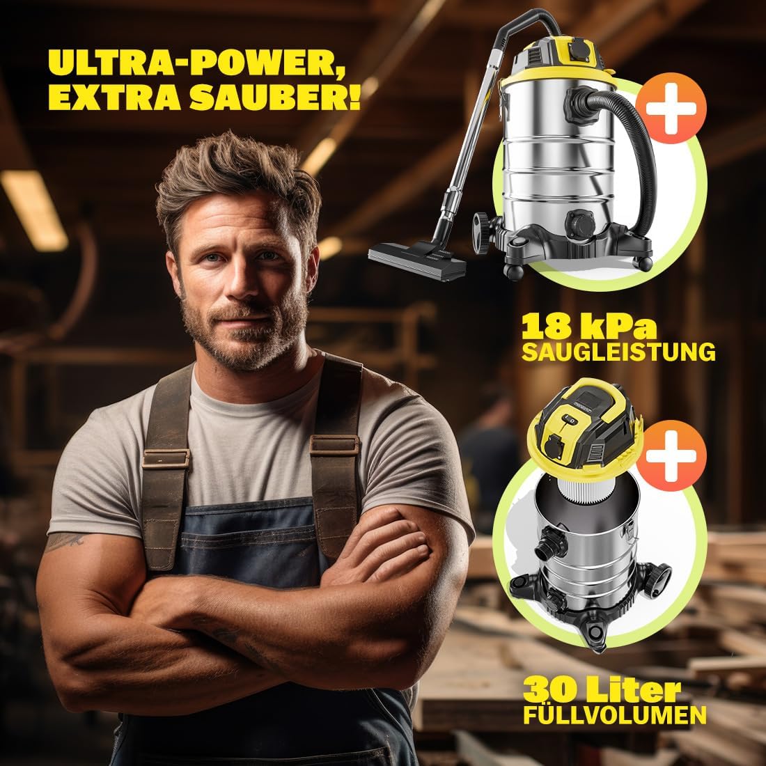 Monzana® Nass Trockensauger 30L 2200W + Steckdose GS-Zertifiziert 9m Bewegungsradius Industrie Staubsauger Edelstahl Nasssauger Waschsauger Blasfunktion — Ansicht 4