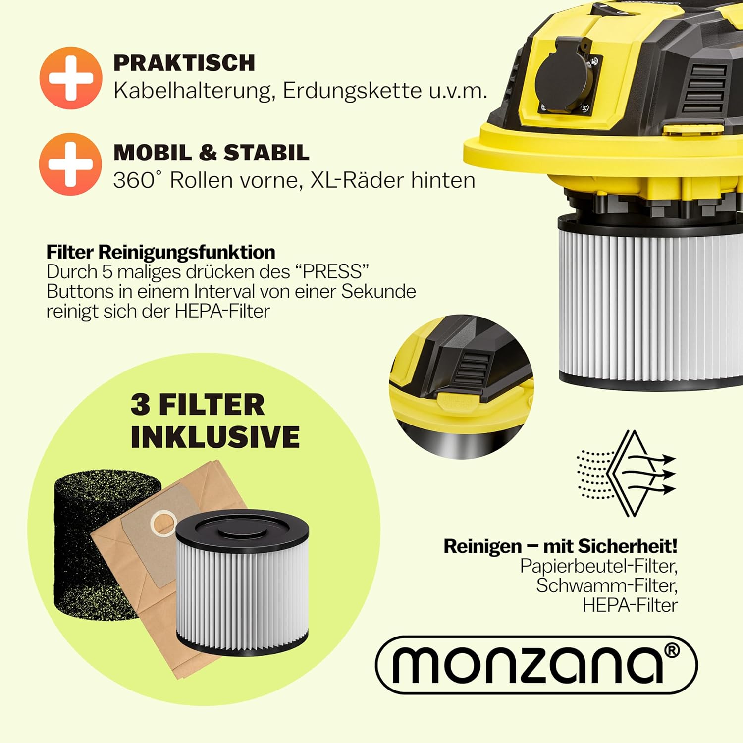 Monzana® Nass Trockensauger 30L 2200W + Steckdose GS-Zertifiziert 9m Bewegungsradius Industrie Staubsauger Edelstahl Nasssauger Waschsauger Blasfunktion — Ansicht 5