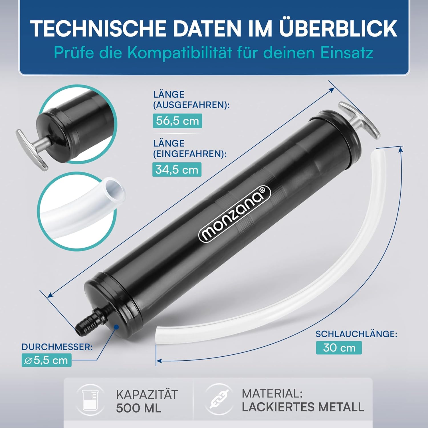 MONZANA® Ölabsaugpumpe 500 ml Metall Handpumpe T-Griff Ölpumpe für Ölwechsel Absaugpumpe von Motoröl und Getriebeöl Sauberes Öl Spritze mit Schlauch — Ansicht 3