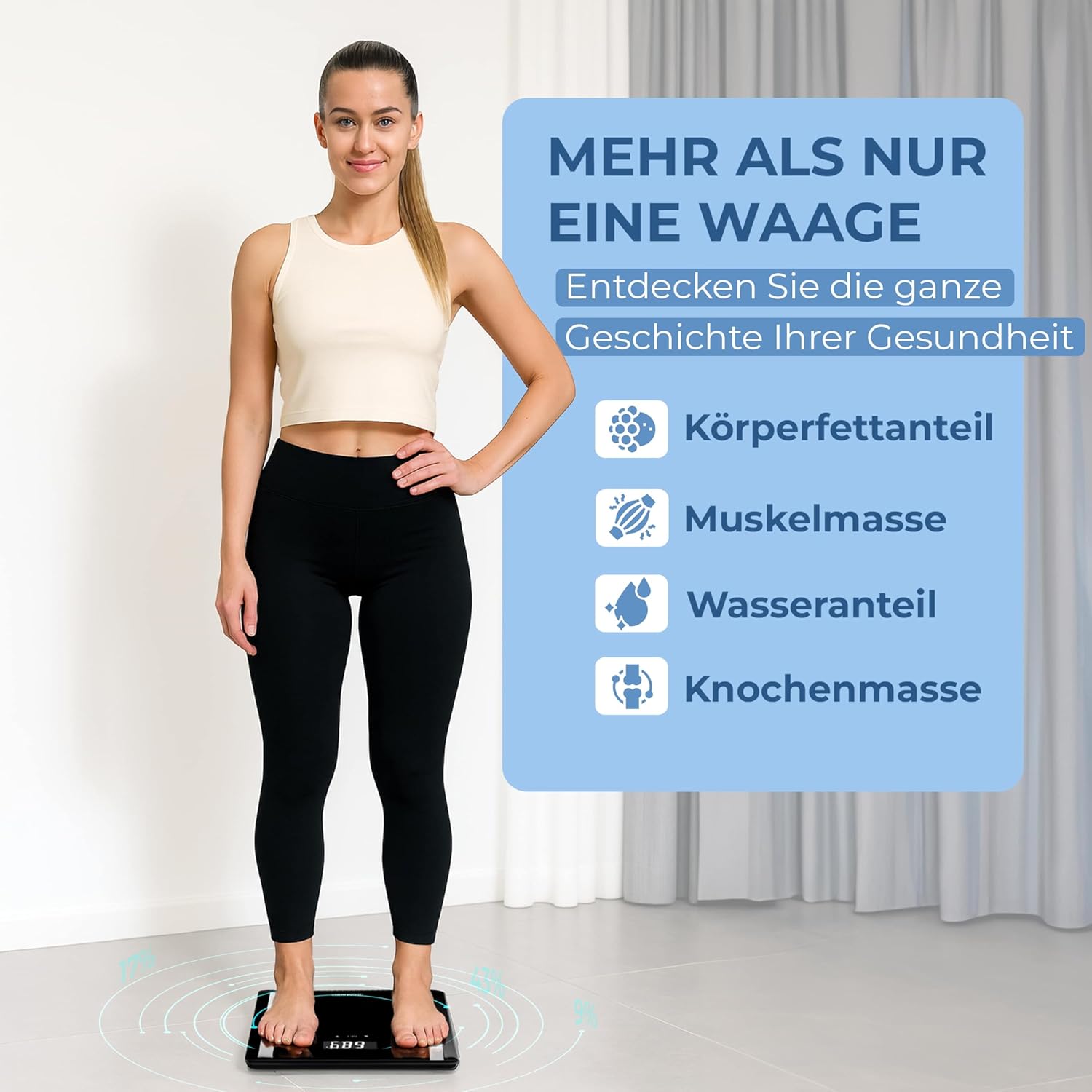 MONZANA® Personenwaage Digital BIA Analyse Waage Körperfett Muskelmasse für 10 Nutzer-Profile Große Trittfläche 30x30cm Fitness Körperwaage bis 180kg — Ansicht 2