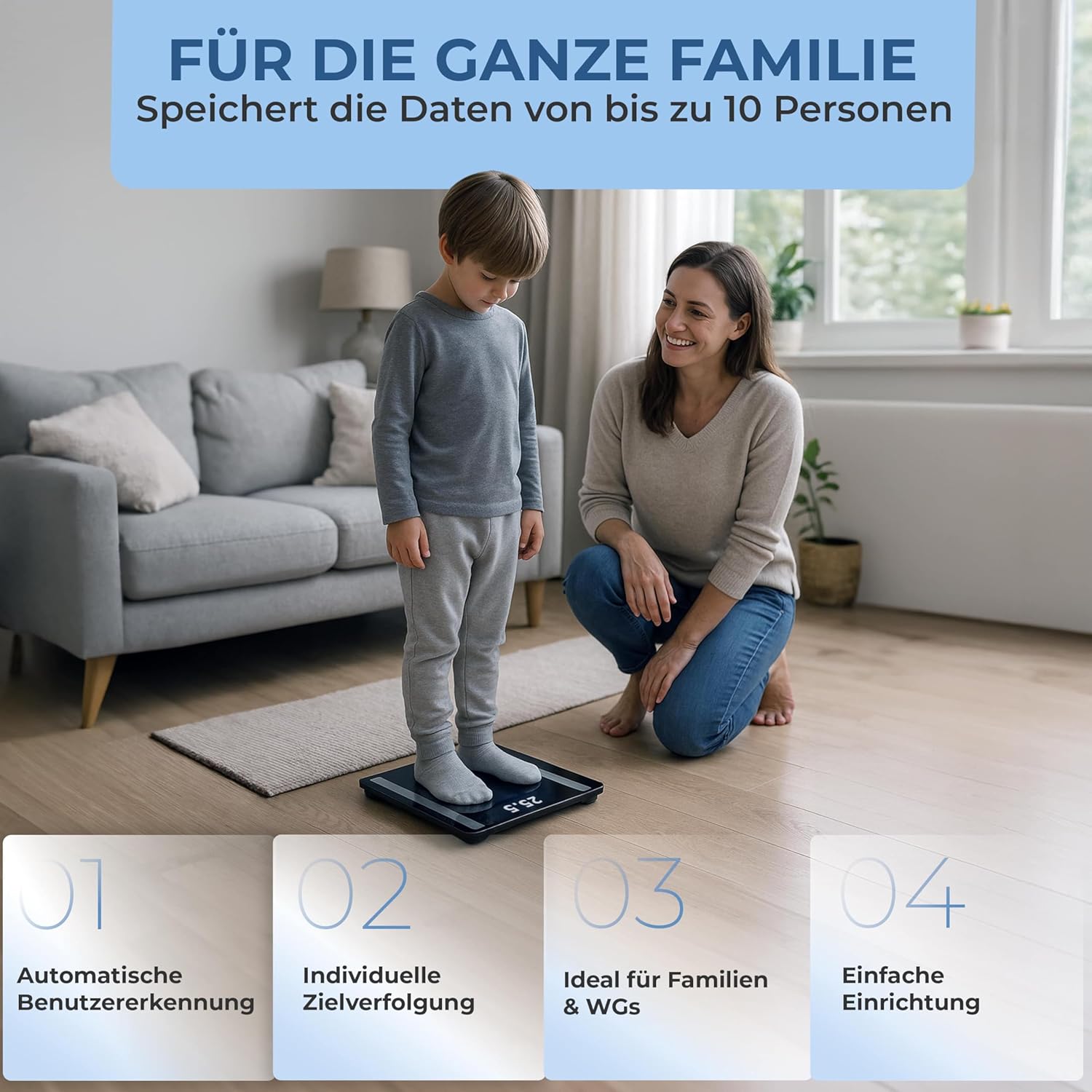 MONZANA® Personenwaage Digital BIA Analyse Waage Körperfett Muskelmasse für 10 Nutzer-Profile Große Trittfläche 30x30cm Fitness Körperwaage bis 180kg — Ansicht 3