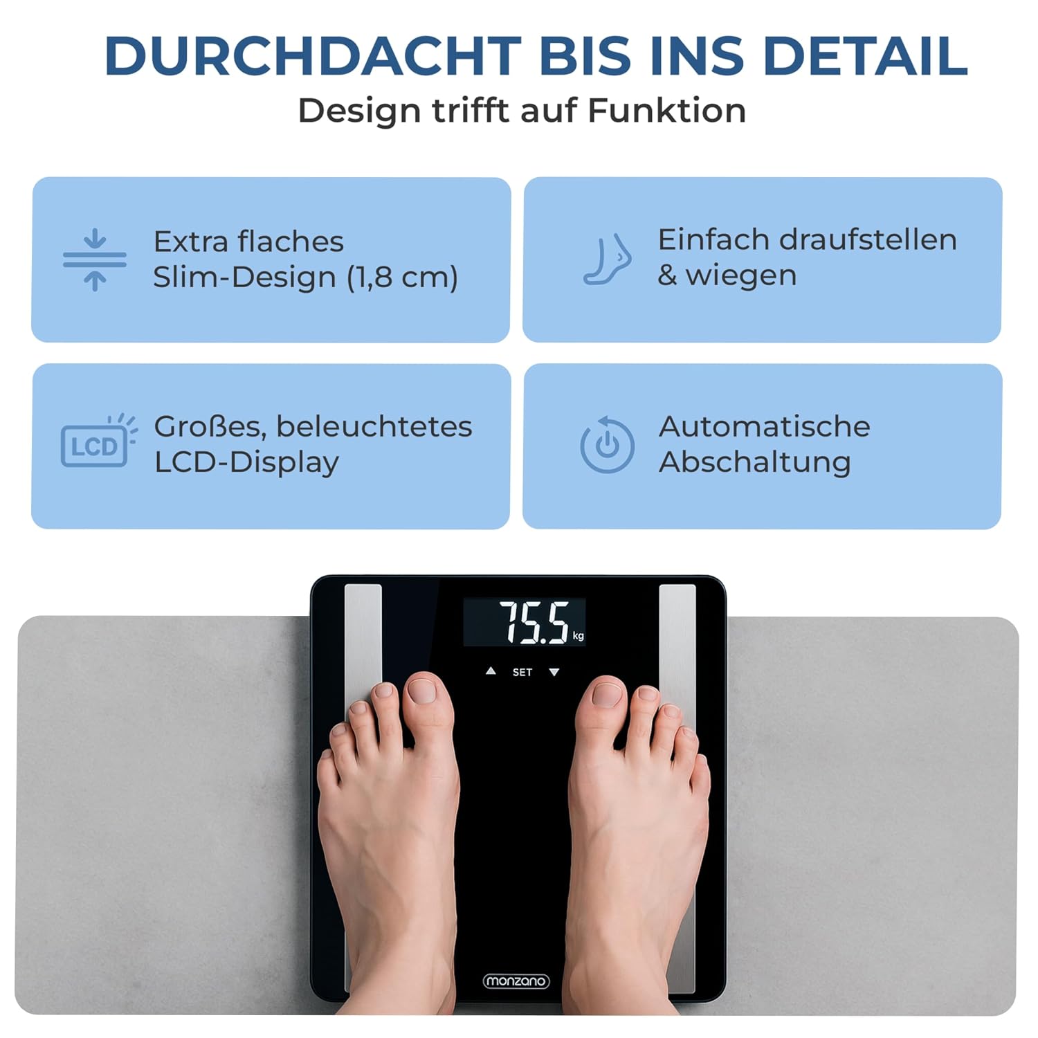 MONZANA® Personenwaage Digital BIA Analyse Waage Körperfett Muskelmasse für 10 Nutzer-Profile Große Trittfläche 30x30cm Fitness Körperwaage bis 180kg — Ansicht 6