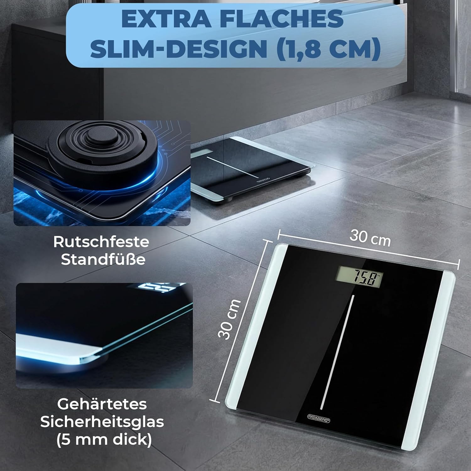 Monzana® Personenwaage Digital Klare LCD Anzeige Große Trittfläche Step-On Waage DMS Sensorsystem Körperwaage bis 180kg flaches Design Sicherheitsglas — Ansicht 5