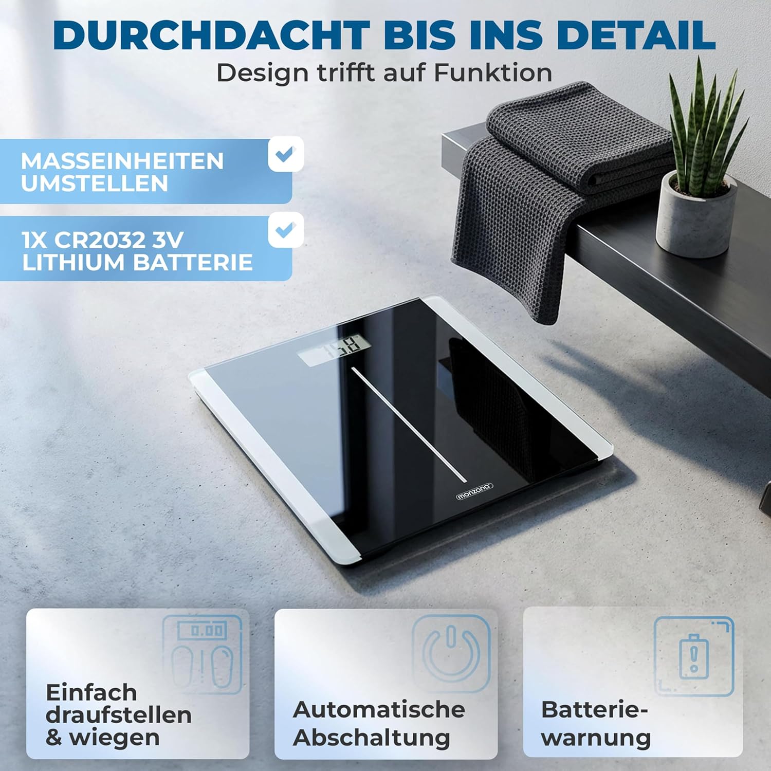 Monzana® Personenwaage Digital Klare LCD Anzeige Große Trittfläche Step-On Waage DMS Sensorsystem Körperwaage bis 180kg flaches Design Sicherheitsglas — Ansicht 6