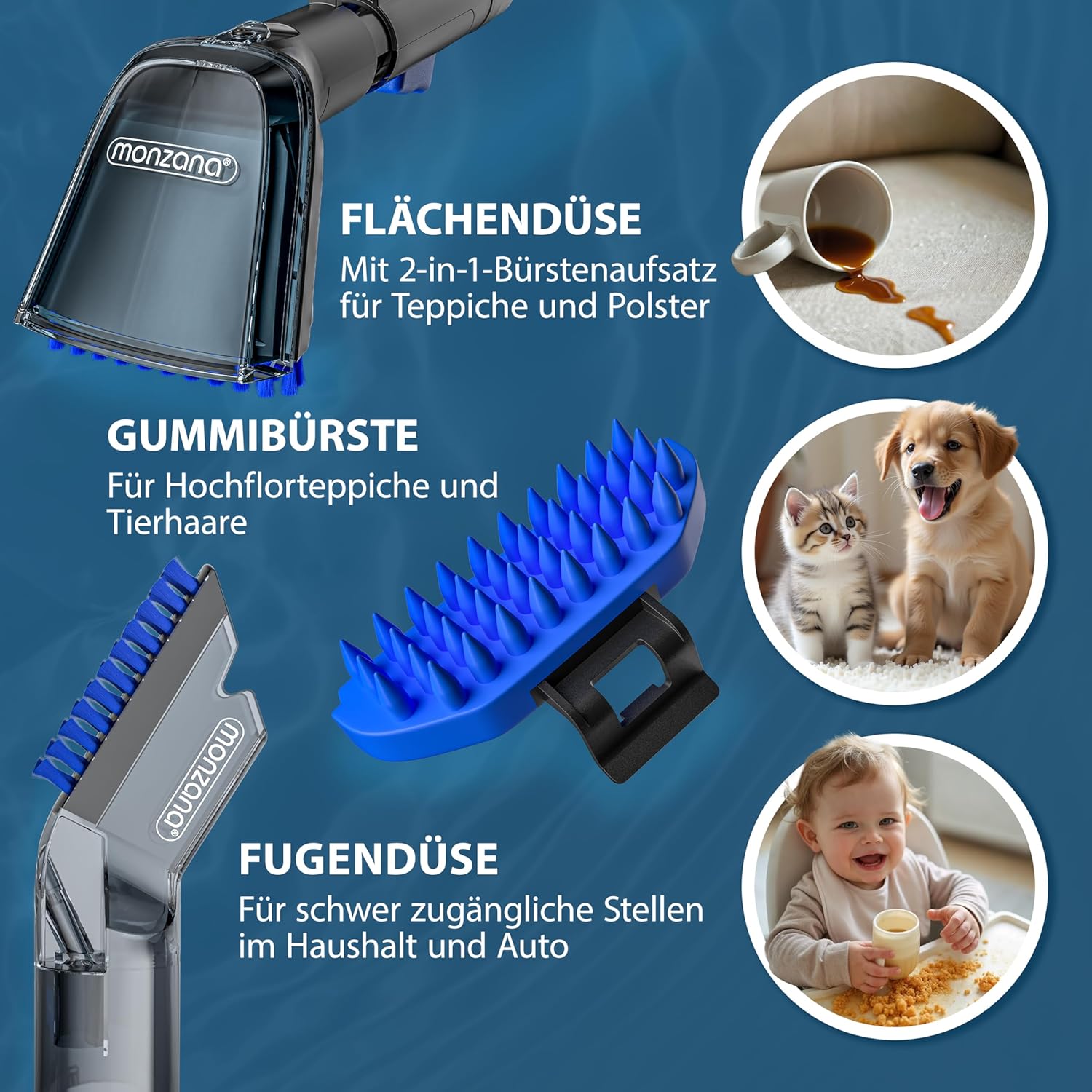 MONZANA® Polsterreiniger Gerät Waschsauger mit 2-in-1 Bürstenaufsatz für Teppiche & Polster 1,2 m Schlauch & 5,5 m Reichweite Nasssauger Teppichreiniger Haushalt — Ansicht 2