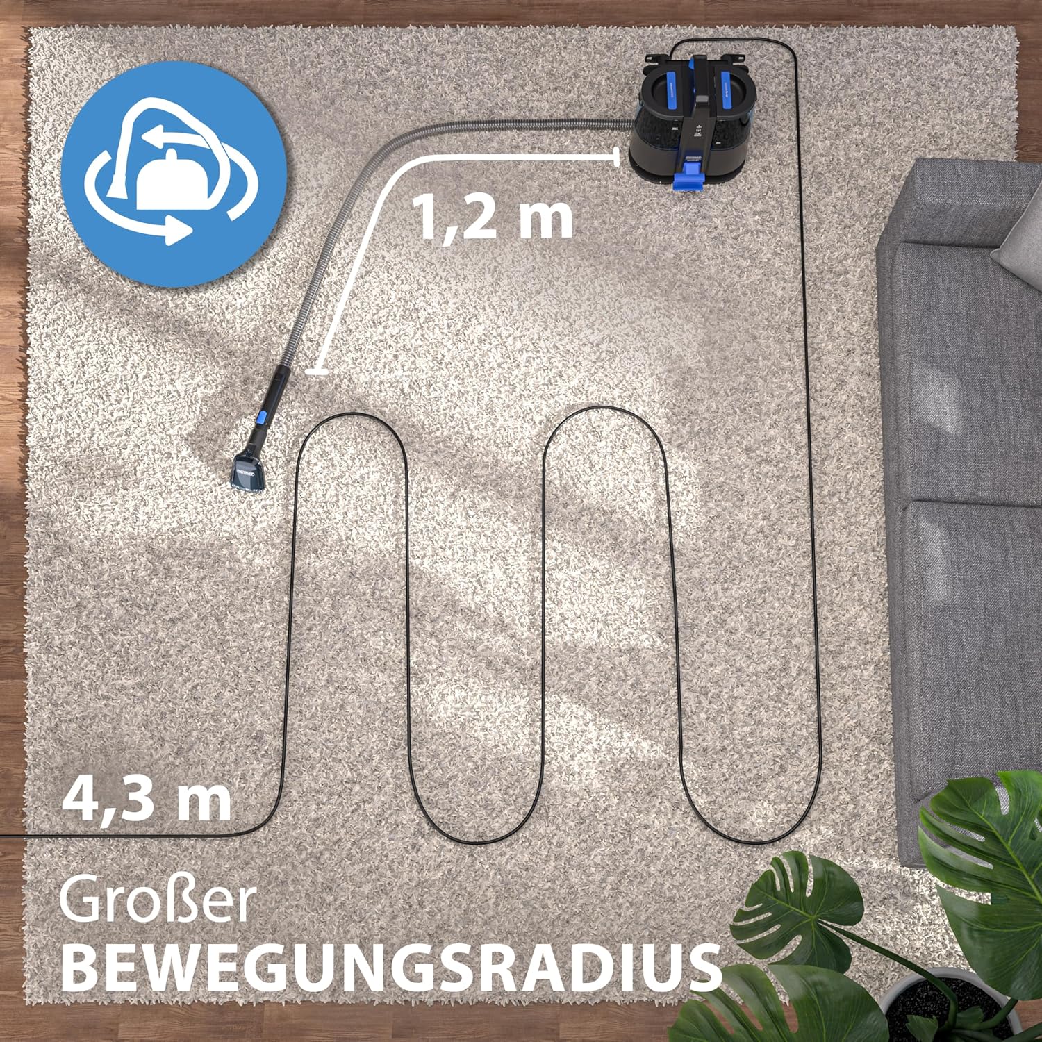MONZANA® Polsterreiniger Gerät Waschsauger mit 2-in-1 Bürstenaufsatz für Teppiche & Polster 1,2 m Schlauch & 5,5 m Reichweite Nasssauger Teppichreiniger Haushalt — Ansicht 3