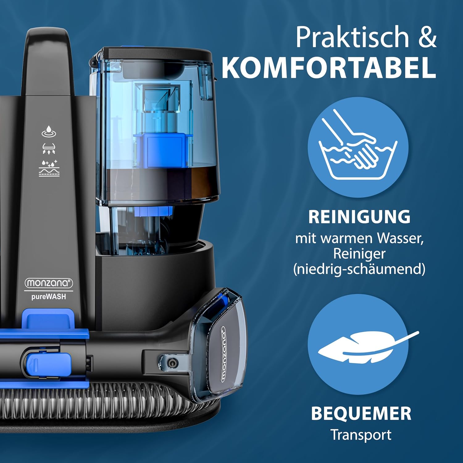 MONZANA® Polsterreiniger Gerät Waschsauger mit 2-in-1 Bürstenaufsatz für Teppiche & Polster 1,2 m Schlauch & 5,5 m Reichweite Nasssauger Teppichreiniger Haushalt — Ansicht 4