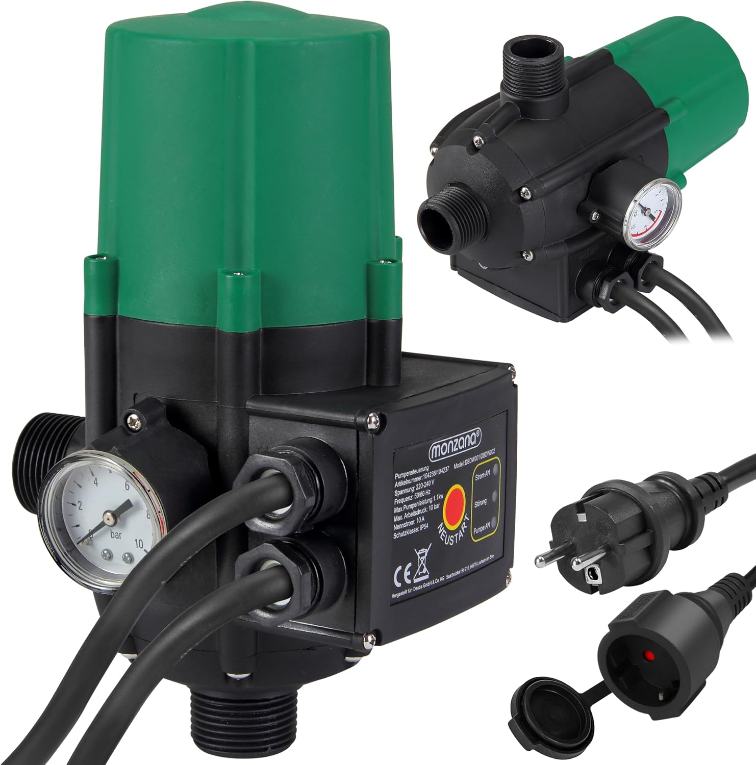 MONZANA® Pumpensteuerung Trockenlaufschutz 10 bar Druckschalter Hauswasserwerk Pumpendruckregler Pumpenschalter Druckwächter Baranzeige mit Kabel