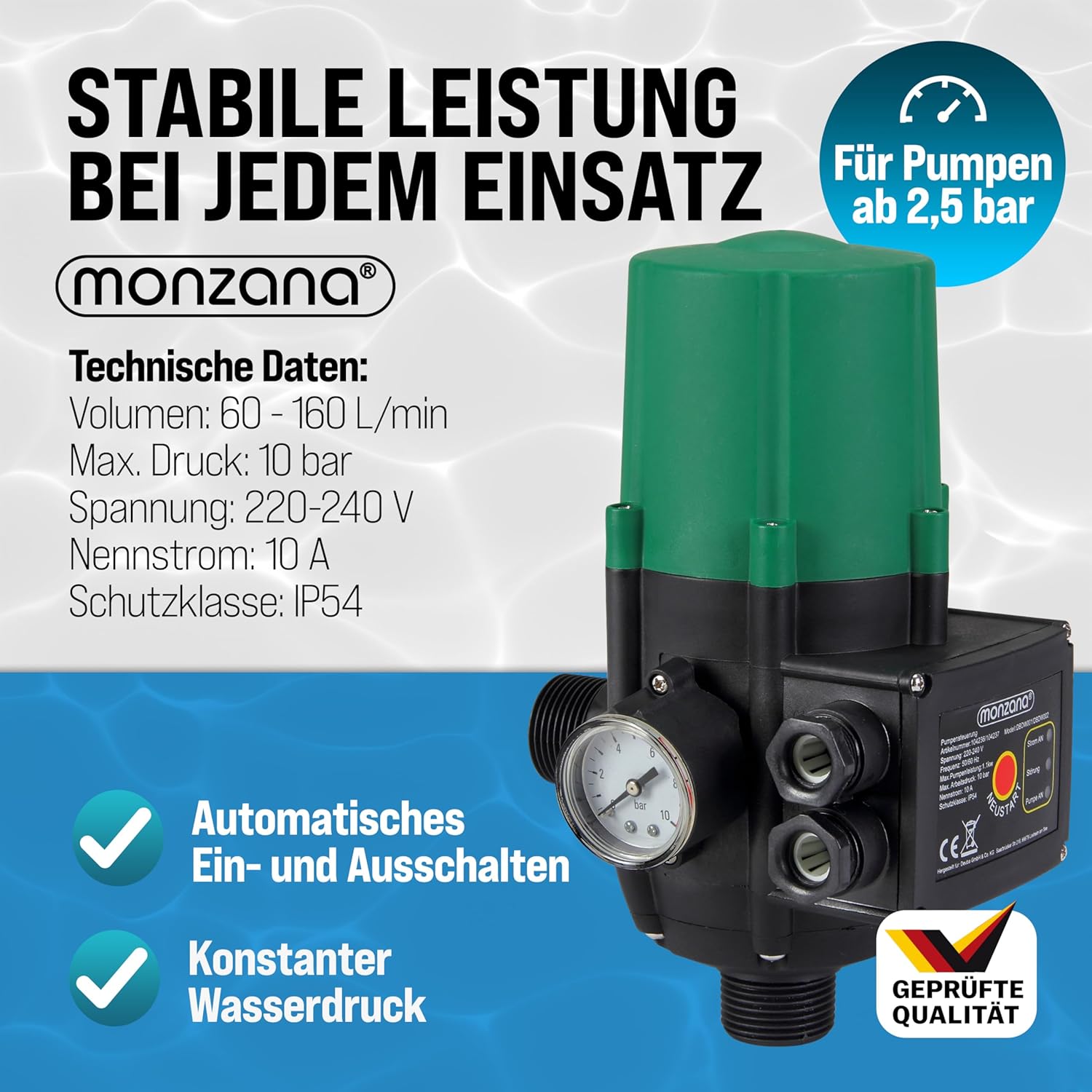 MONZANA® Pumpensteuerung Trockenlaufschutz 10 bar Druckschalter Hauswasserwerk Pumpendruckregler Pumpenschalter Druckwächter Baranzeige mit Kabel — Ansicht 2