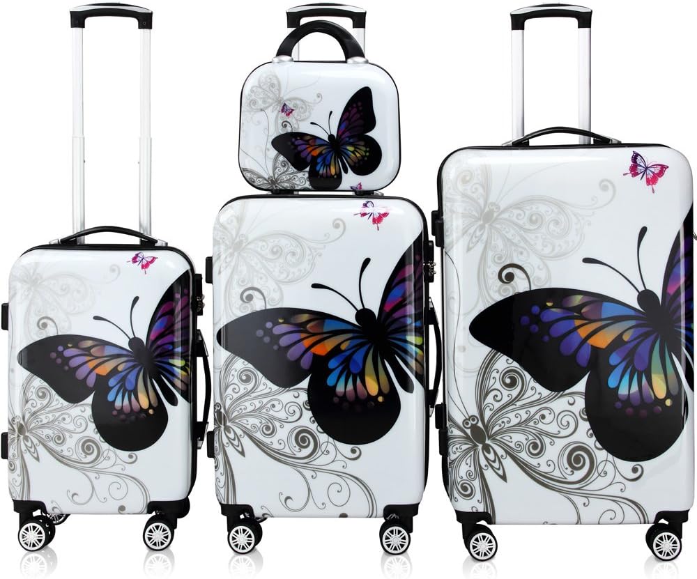 monzana Reisekofferset 4tlg Butterfly Hartschalenkofferset mit Schloss & Beautycase 360° Rollen Schutzfolie Netzfach 2 Wege Reißverschluss Koffer