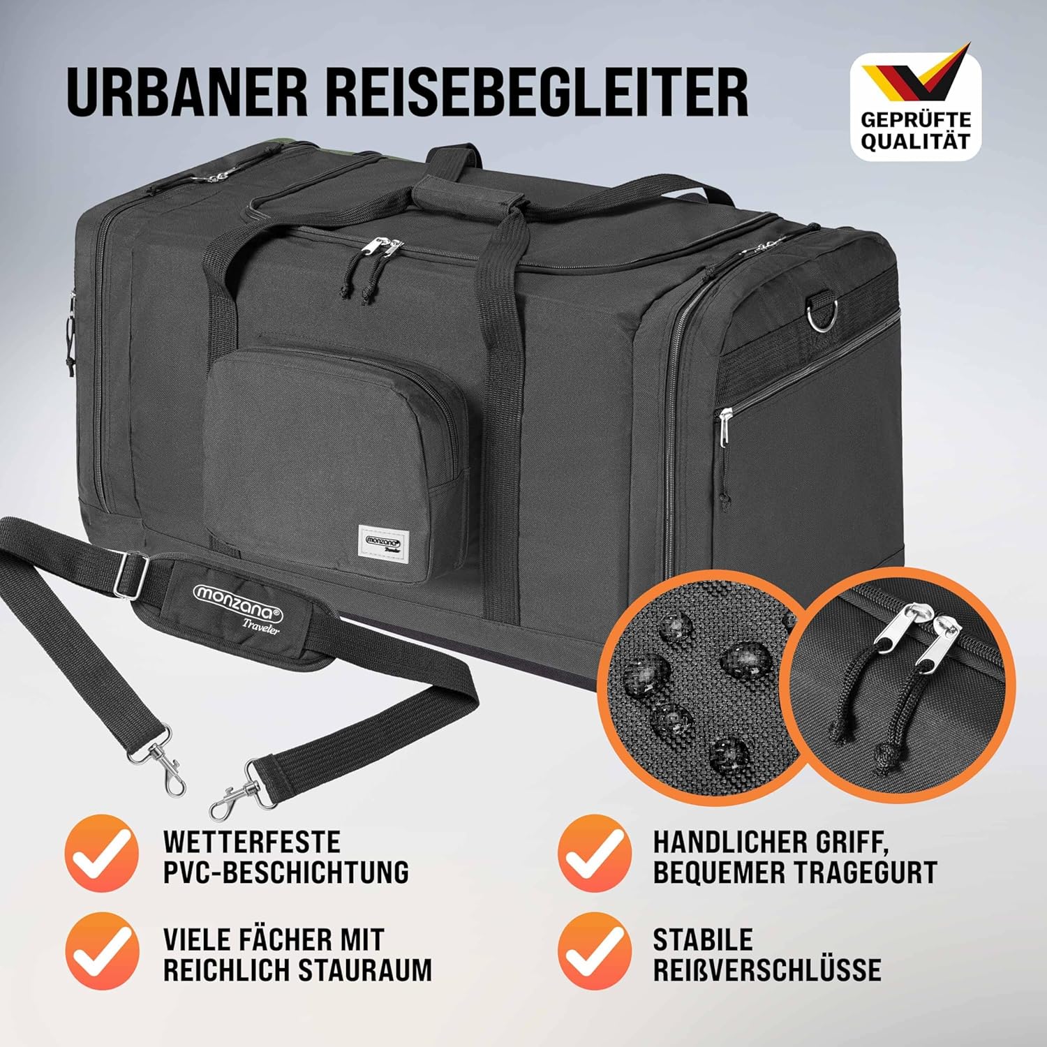 MONZANA® Reisetasche 90L 70x35x35cm Schultergurt Pad Abnehmbar Verstellbar Front & Seitenfächer Standfüße Weekender Duffelbag Sporttasche — Ansicht 3