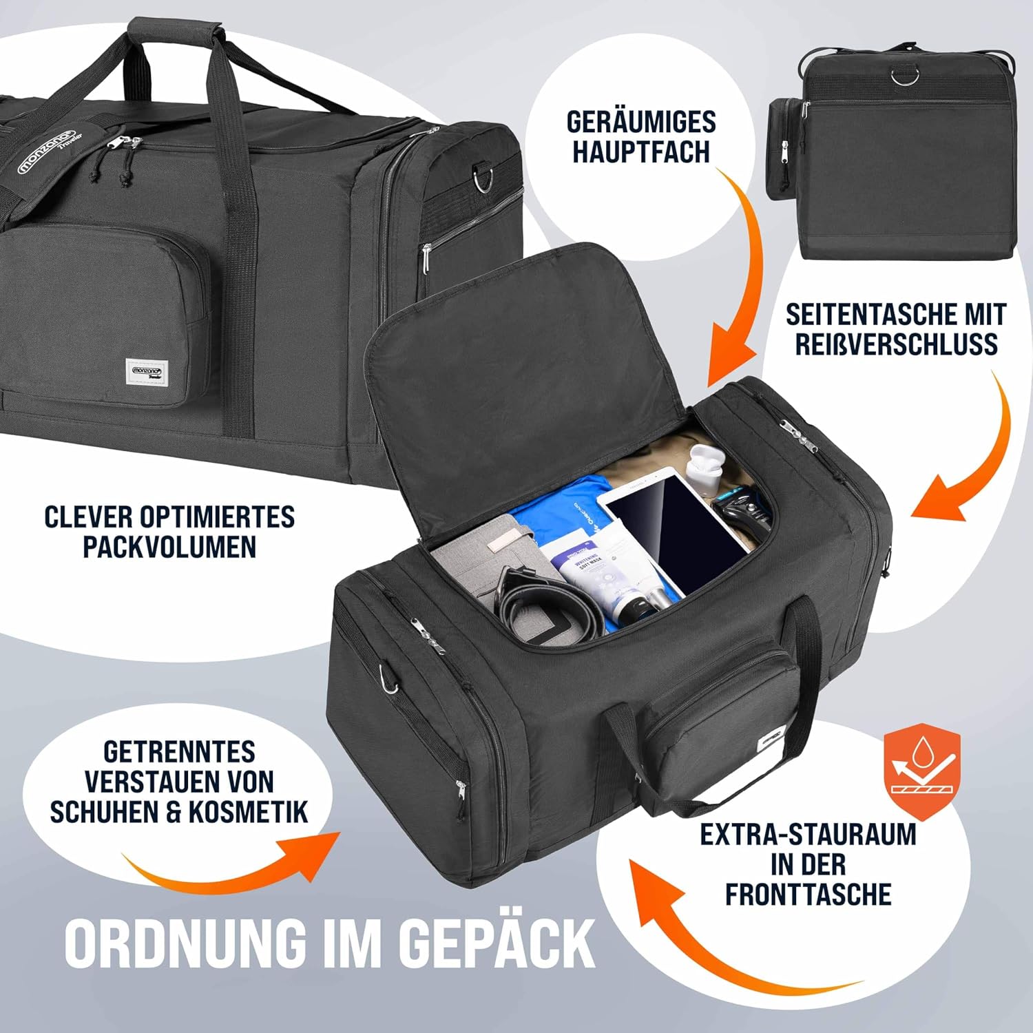 MONZANA® Reisetasche 90L 70x35x35cm Schultergurt Pad Abnehmbar Verstellbar Front & Seitenfächer Standfüße Weekender Duffelbag Sporttasche — Ansicht 4