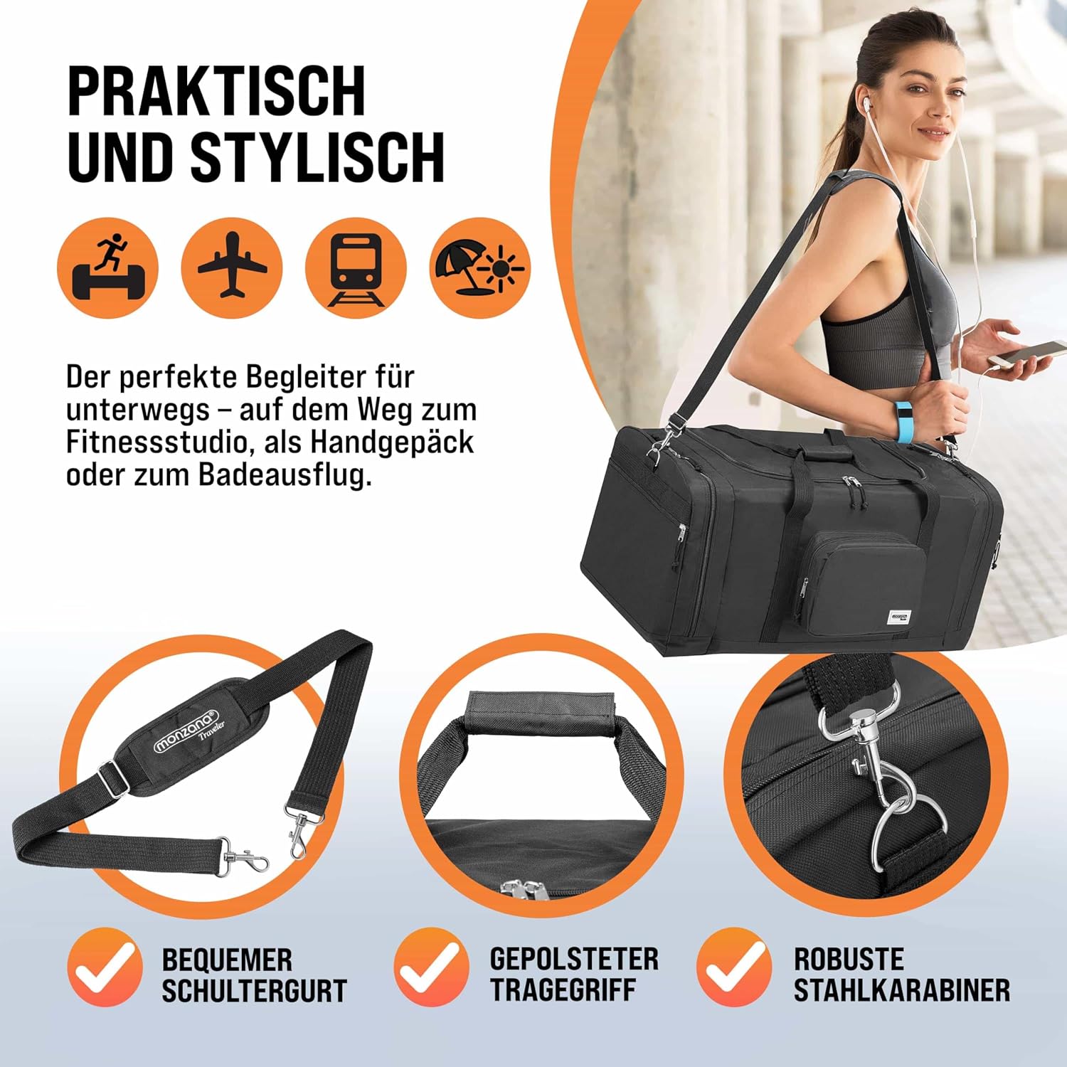 MONZANA® Reisetasche 90L 70x35x35cm Schultergurt Pad Abnehmbar Verstellbar Front & Seitenfächer Standfüße Weekender Duffelbag Sporttasche — Ansicht 5