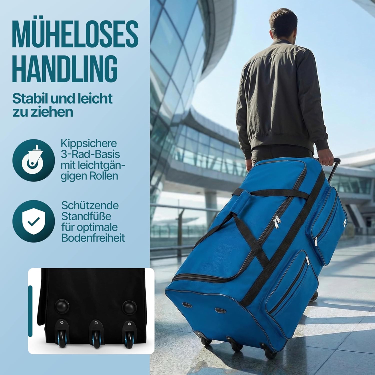 MONZANA® Reisetasche mit Rollen 160L Trolley Funktion Teleskopgriff 85x43x44cm Standfüße Groß XXL Weichgepäck Reisegepäck Gepäcktasche Duffle Bag — Ansicht 4