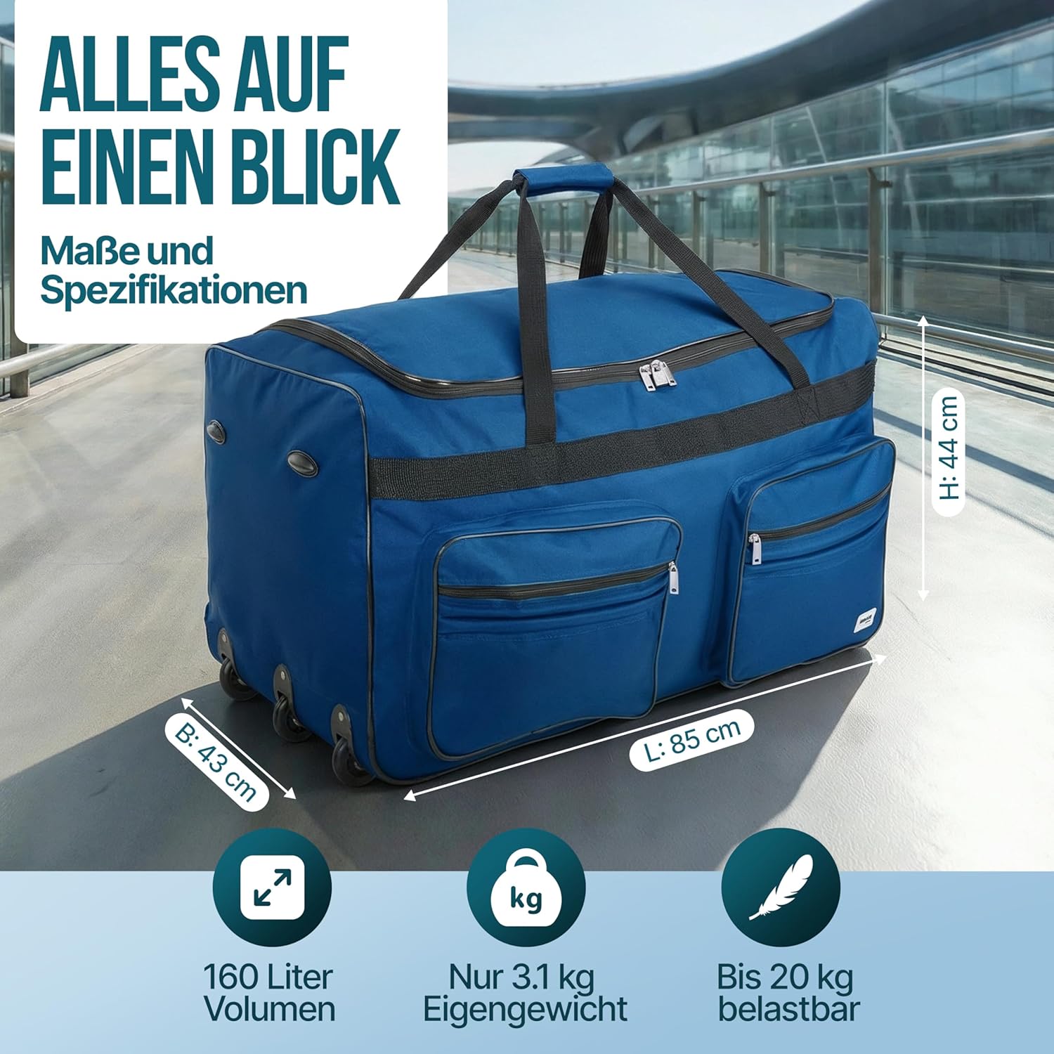 MONZANA® Reisetasche mit Rollen 160L Trolley Funktion Teleskopgriff 85x43x44cm Standfüße Groß XXL Weichgepäck Reisegepäck Gepäcktasche Duffle Bag — Ansicht 5