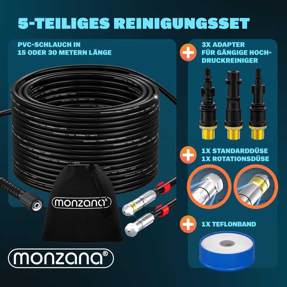 MONZANA® Rohrreinigungsschlauch Premium Set 15m 200bar inkl. 3 Adapter 2 Düsen Kärcher K2 K3 K4 K5 K6 K7 Hochdruckreiniger Universal Rohrreinigungsset — Ansicht 2