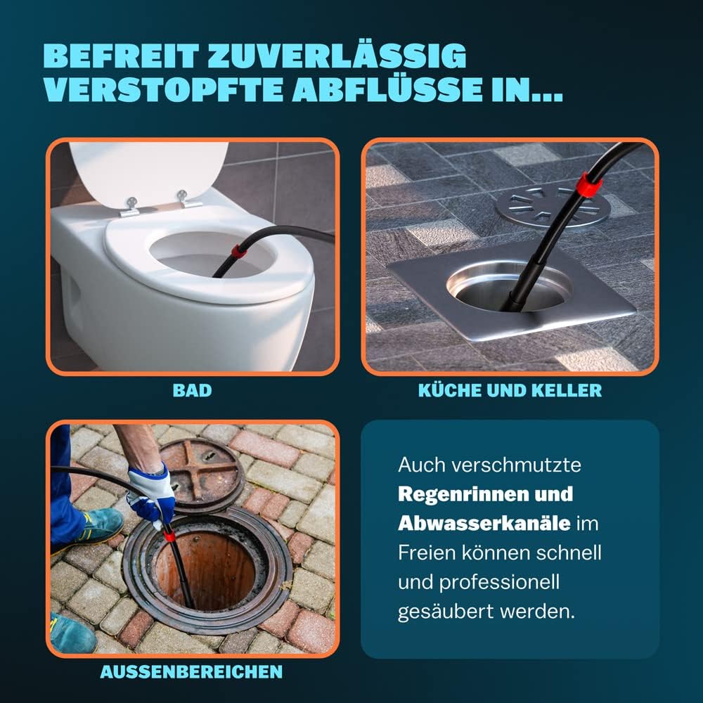 MONZANA® Rohrreinigungsschlauch Premium Set 15m 200bar inkl. 3 Adapter 2 Düsen Kärcher K2 K3 K4 K5 K6 K7 Hochdruckreiniger Universal Rohrreinigungsset — Ansicht 3