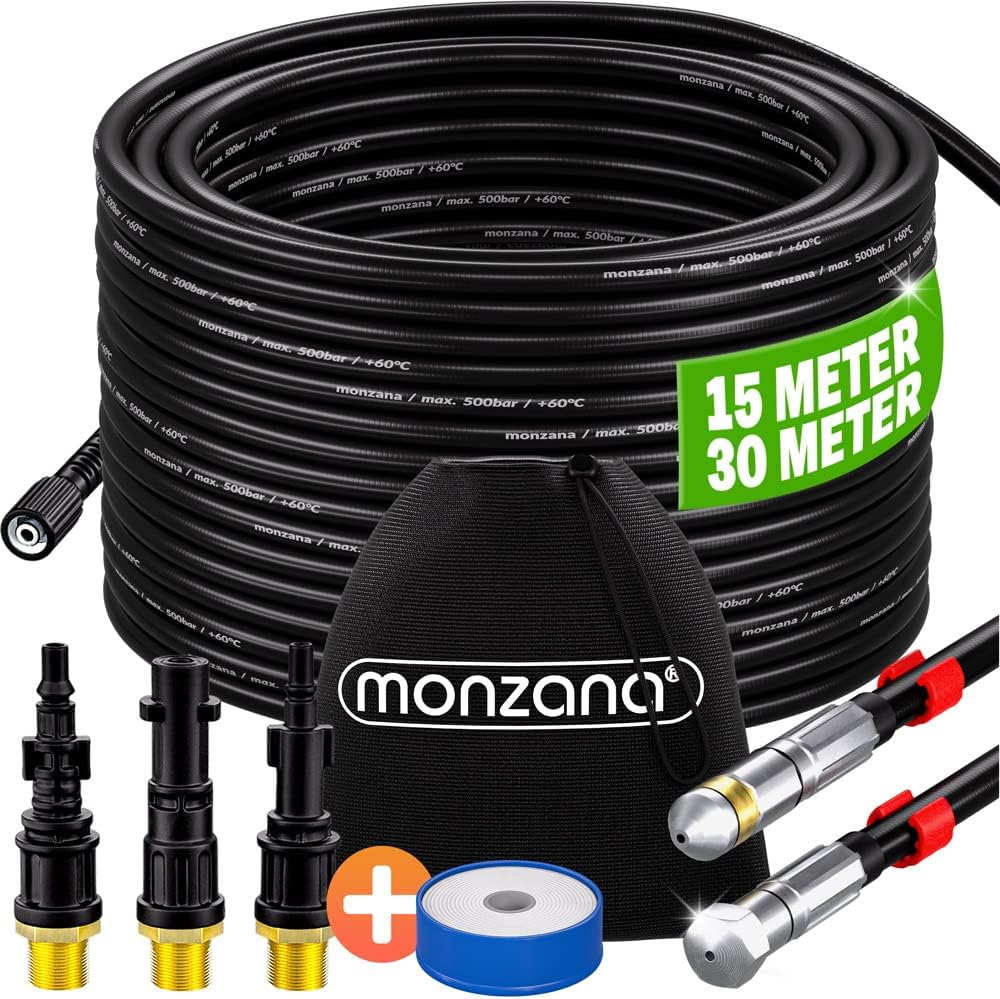MONZANA® Rohrreinigungsschlauch Premium Set 15m 200bar inkl. 3 Adapter 2 Düsen Kärcher K2 K3 K4 K5 K6 K7 Hochdruckreiniger Universal Rohrreinigungsset