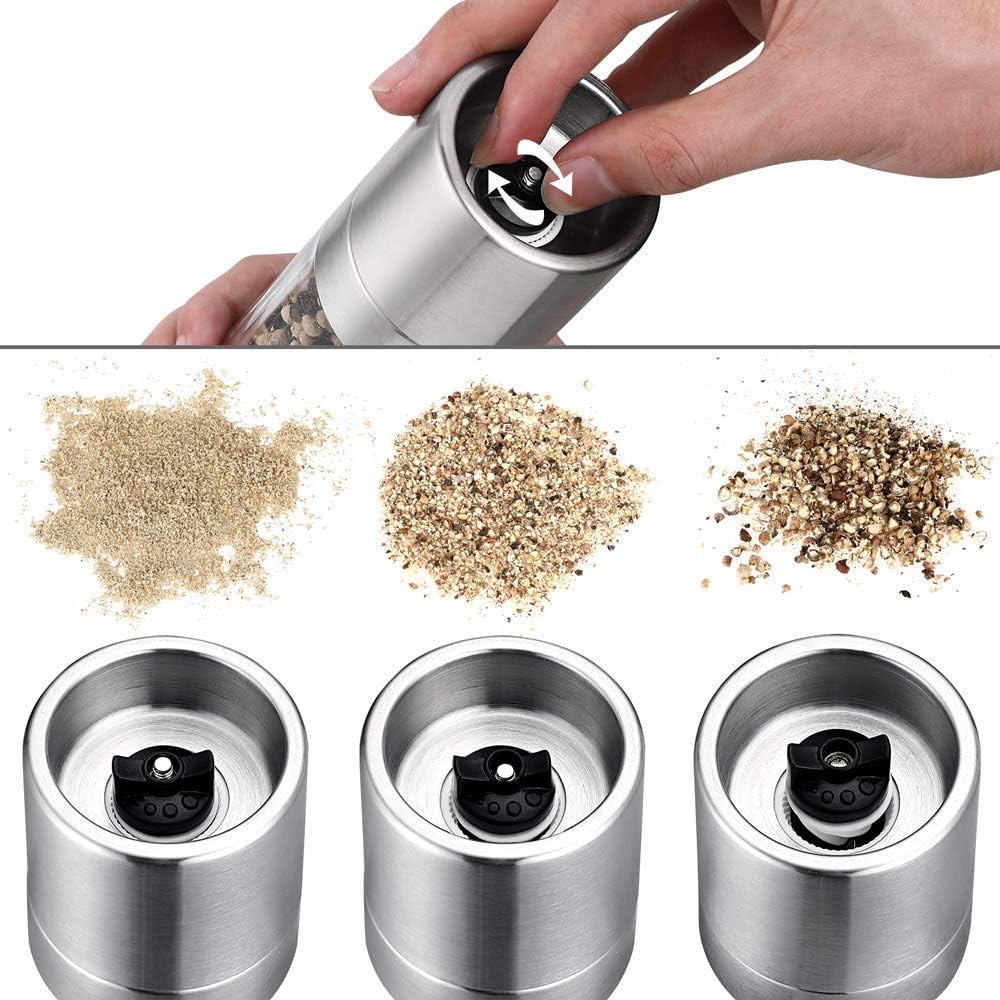 MONZANA® Salz und Pfeffermühle 2in1 2er Set Edelstahl Gewürzmühle mit Keramikmahlwerk Verstellbar für Salz Pfeffer Chili Kräuter BPA-frei mit Deckeln — Ansicht 5