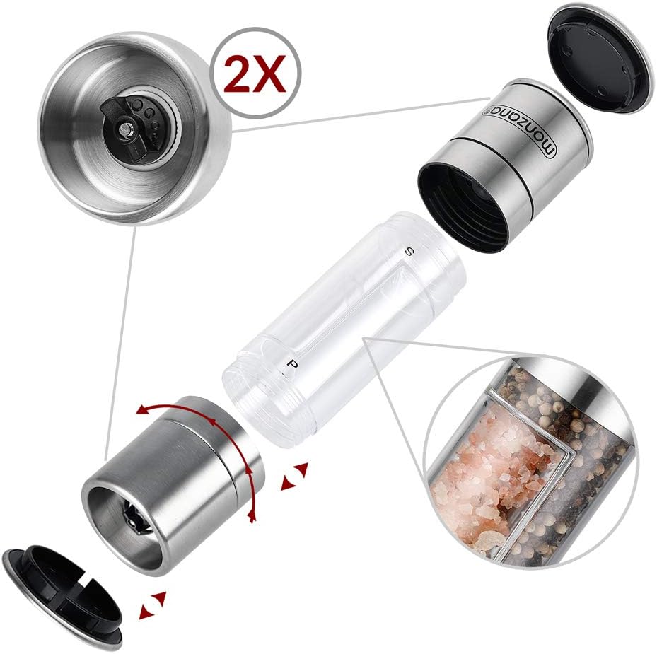 MONZANA® Salz und Pfeffermühle 2in1 2er Set Edelstahl Gewürzmühle mit Keramikmahlwerk Verstellbar für Salz Pfeffer Chili Kräuter BPA-frei mit Deckeln — Ansicht 6