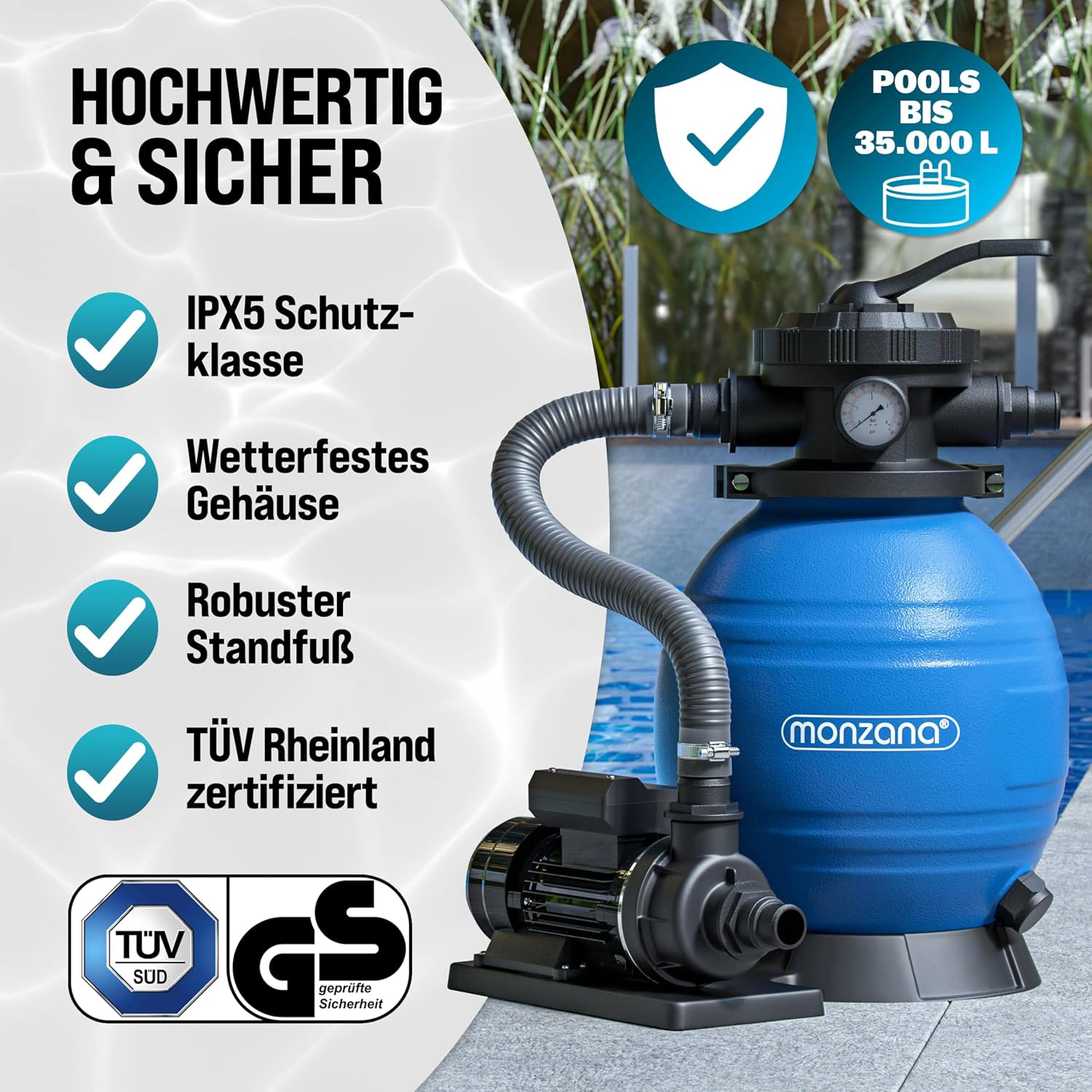 MONZANA® Sandfilteranlage SF102K 10.200 l/h bis 35.000L Pool inkl Filterbällen 7 Wege Ventil 2in1 Adapter Ø32-38mm 400W Filteranlage Pumpe Filterkessel — Ansicht 3