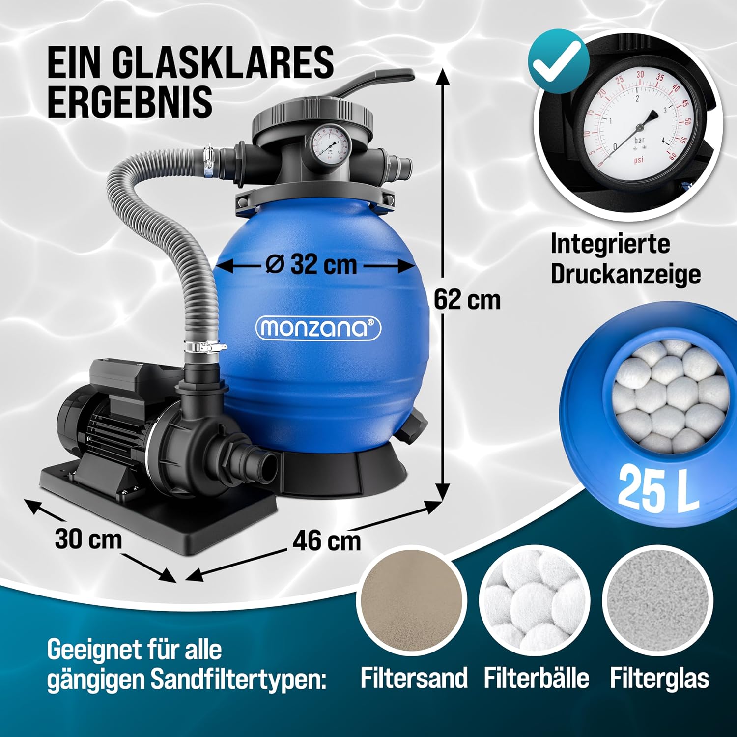 MONZANA® Sandfilteranlage SF102K 10.200 l/h bis 35.000L Pool inkl Filterbällen 7 Wege Ventil 2in1 Adapter Ø32-38mm 400W Filteranlage Pumpe Filterkessel — Ansicht 5