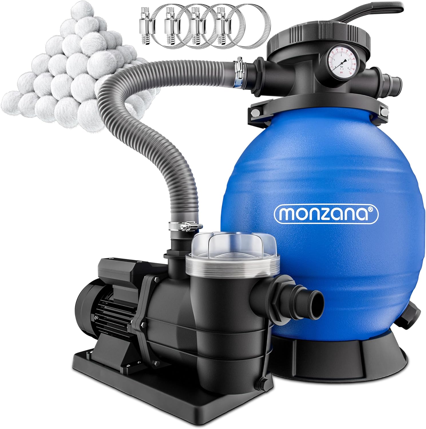 MONZANA® Sandfilteranlage SF96K 9.600L/h bis 30.000L Pool inkl Filterbällen 7 Wege Ventil 2in1 Adapter Ø32-38mm 400W Filteranlage Pumpe Filterkessel