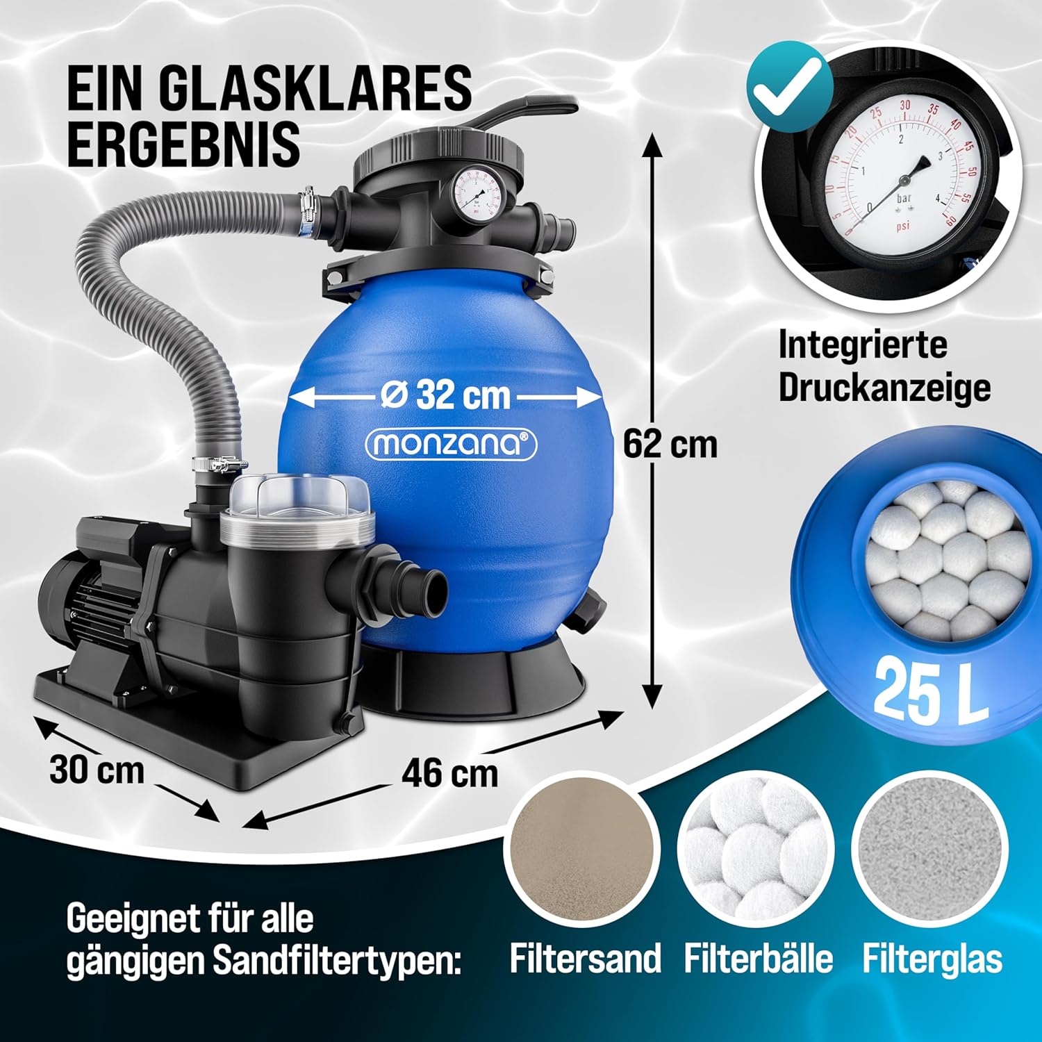 MONZANA® Sandfilteranlage SF96K 9.600L/h bis 30.000L Pool inkl Filterbällen 7 Wege Ventil 2in1 Adapter Ø32-38mm 400W Filteranlage Pumpe Filterkessel — Ansicht 6