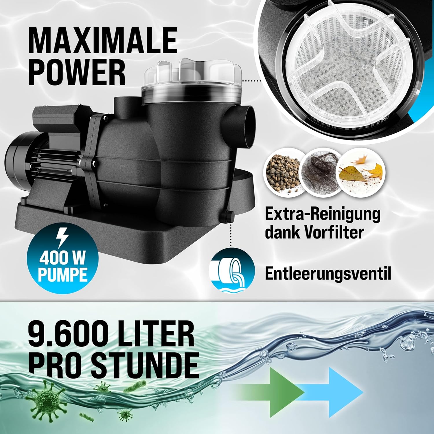 MONZANA® Sandfilteranlage SF96K 9600L/h bis 30.000L Pool Selbstansaugend 400 Watt 2in1 Adapter Ø32-38mm 7Wege Ventil Sandfilterpumpe Poolfilter — Ansicht 2