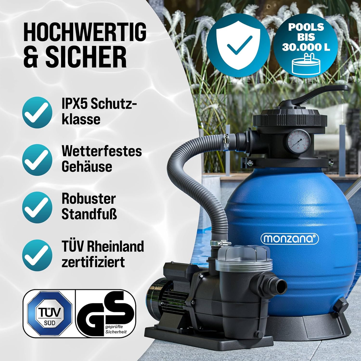 MONZANA® Sandfilteranlage SF96K 9600L/h bis 30.000L Pool Selbstansaugend 400 Watt 2in1 Adapter Ø32-38mm 7Wege Ventil Sandfilterpumpe Poolfilter — Ansicht 4