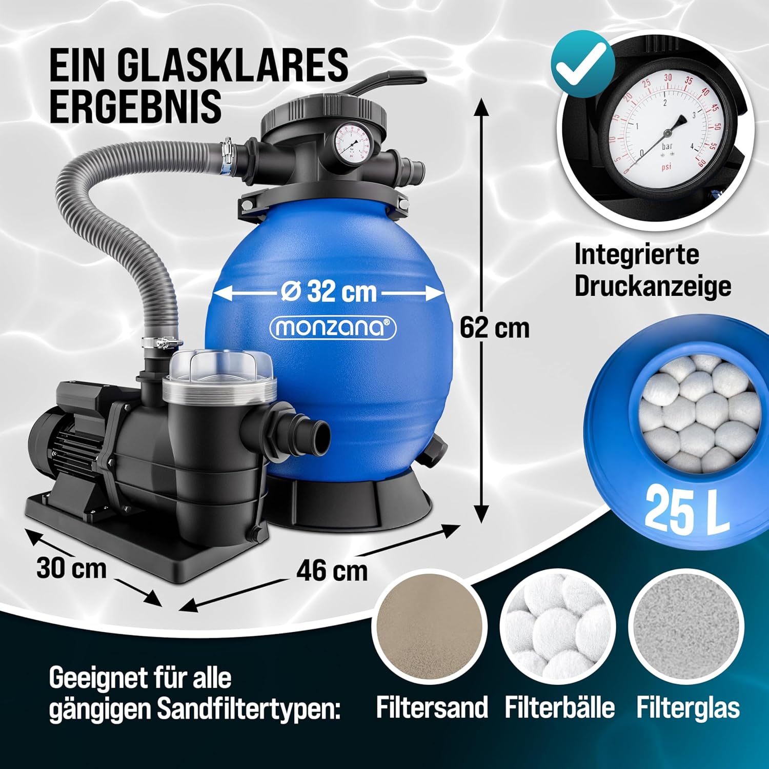 MONZANA® Sandfilteranlage SF96K 9600L/h bis 30.000L Pool Selbstansaugend 400 Watt 2in1 Adapter Ø32-38mm 7Wege Ventil Sandfilterpumpe Poolfilter — Ansicht 6