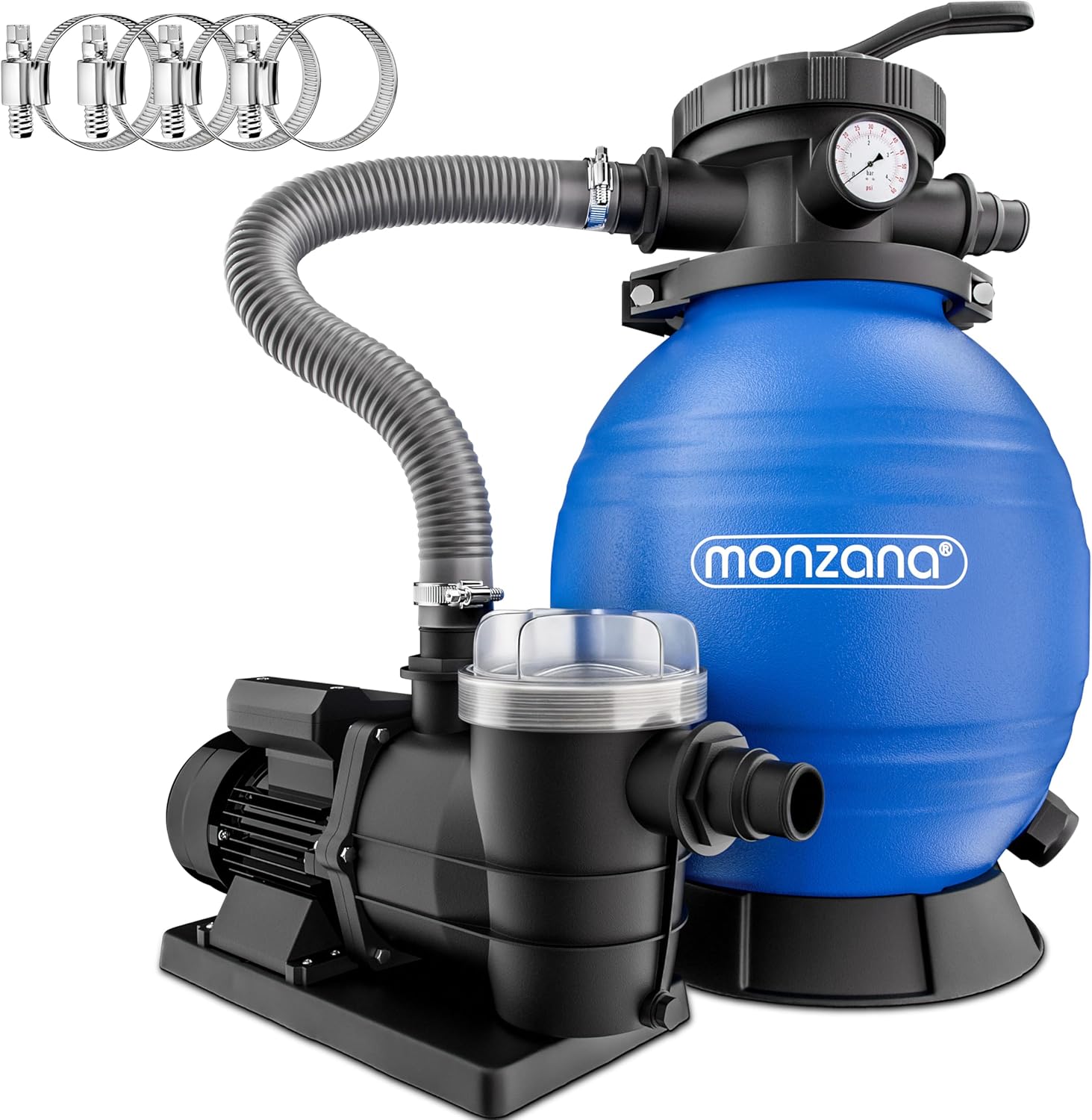 MONZANA® Sandfilteranlage SF96K 9600L/h bis 30.000L Pool Selbstansaugend 400 Watt 2in1 Adapter Ø32-38mm 7Wege Ventil Sandfilterpumpe Poolfilter