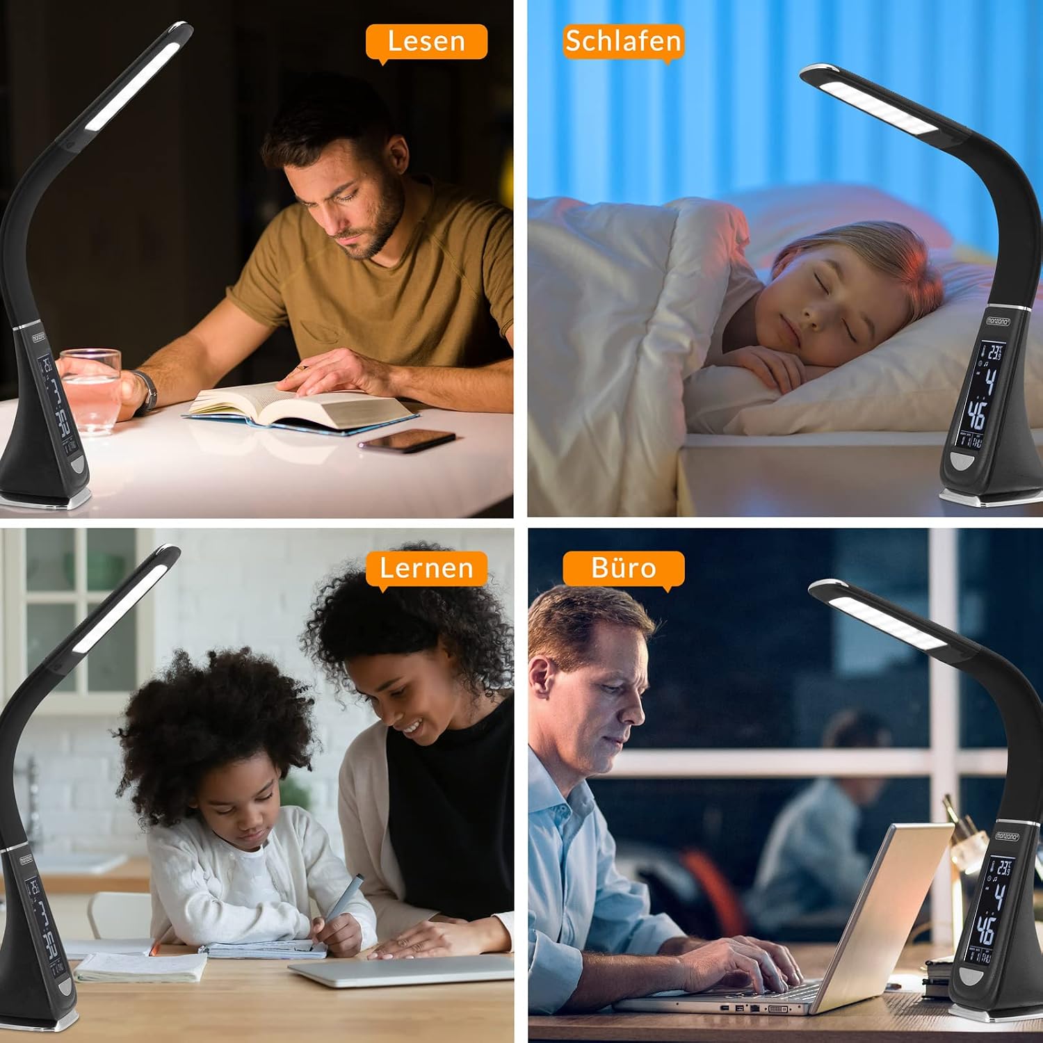 Monzana Schreibtischlampe mit Uhrzeit Wecker Temperatur Kalender Dimmbar Nachttischlampe Tischlampe Bürolampe Schwarz — Ansicht 2