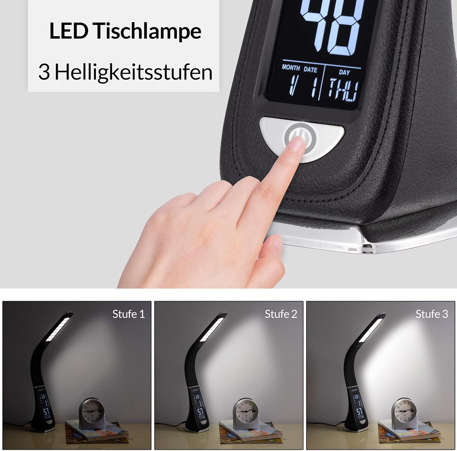 Monzana Schreibtischlampe mit Uhrzeit Wecker Temperatur Kalender Dimmbar Nachttischlampe Tischlampe Bürolampe Schwarz — Ansicht 4