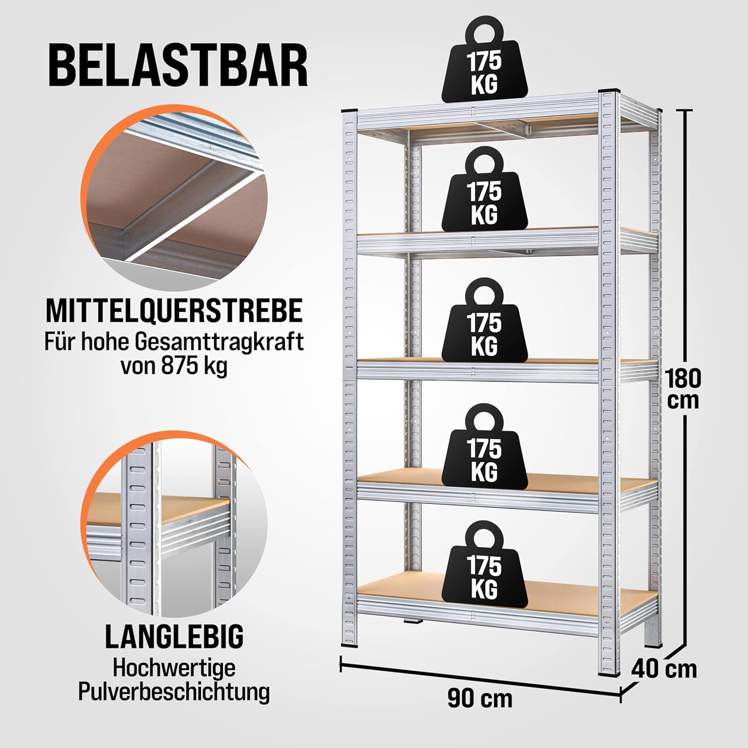 Monzana® Schwerlastregal 180x90x40cm 875kg 5 MDF-Platten Regal Lagerregal Kellerregal Steckregal Werkstattregal — Ansicht 2