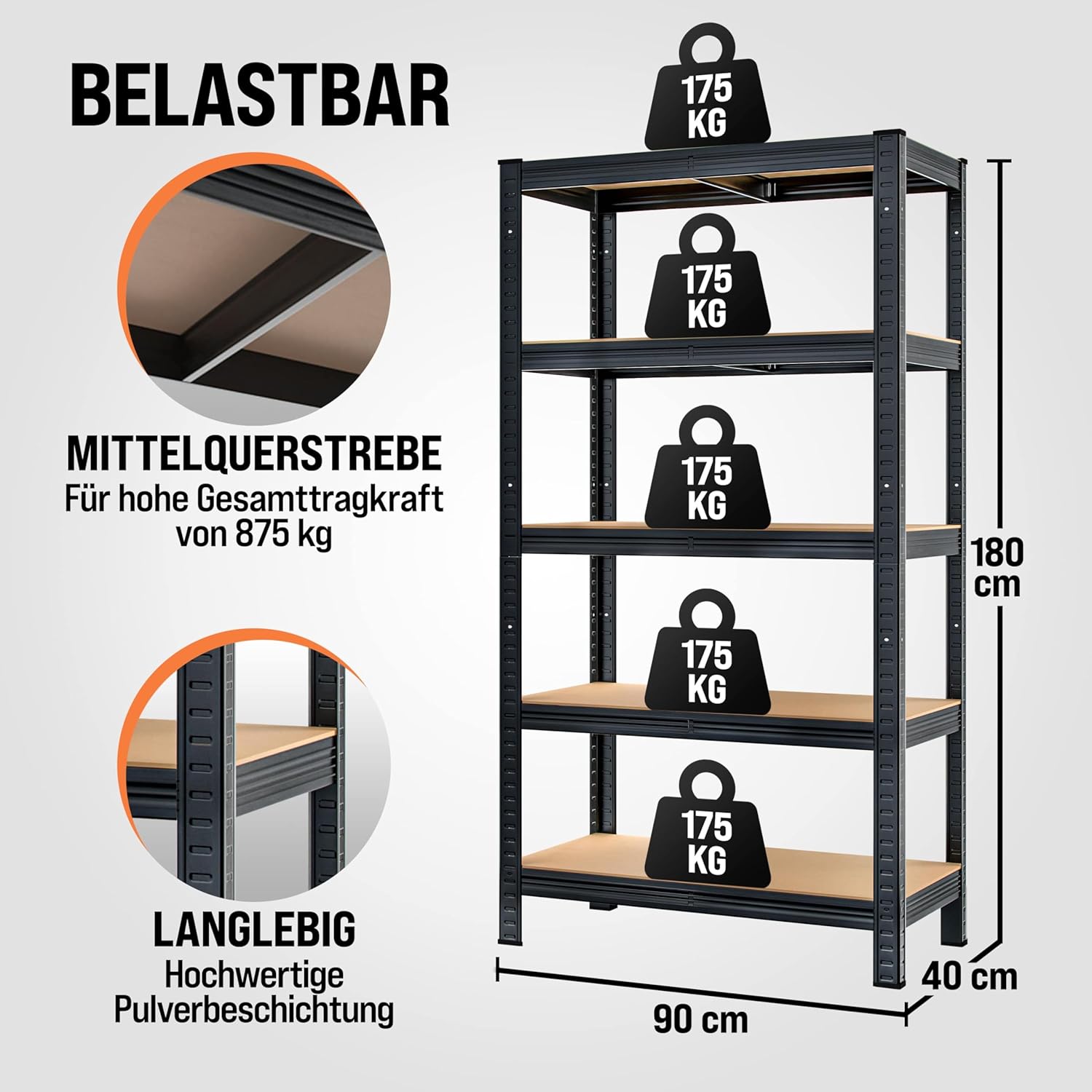 Monzana® Schwerlastregal 180x90x40cm Befestigungsmaterial 875kg 5 MDF-Platten Kellerregal Lagerregal Steckregal Metallregal Werkstattregal Schwarz — Ansicht 2