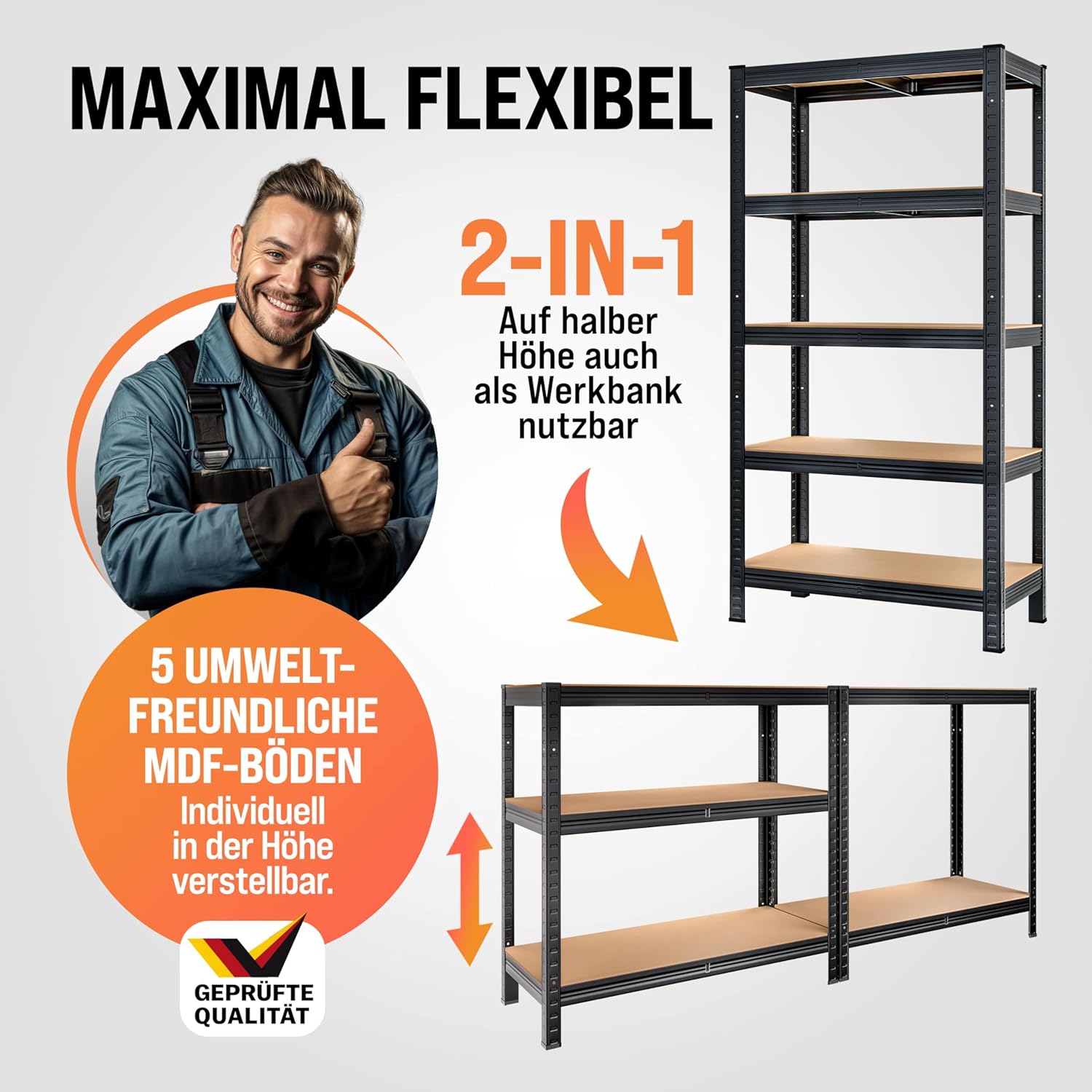 Monzana® Schwerlastregal 180x90x40cm Befestigungsmaterial 875kg 5 MDF-Platten Kellerregal Lagerregal Steckregal Metallregal Werkstattregal Schwarz — Ansicht 5