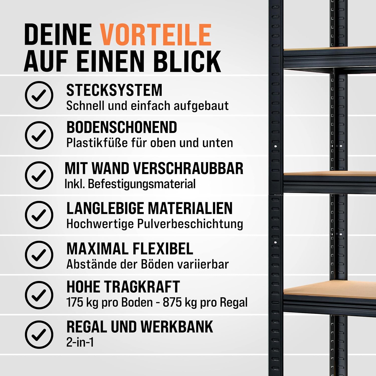 Monzana® Schwerlastregal 180x90x40cm Befestigungsmaterial 875kg 5 MDF-Platten Kellerregal Lagerregal Steckregal Metallregal Werkstattregal Schwarz — Ansicht 6