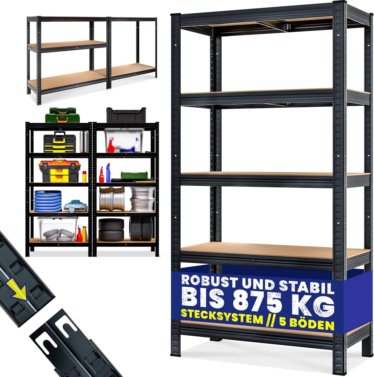 Monzana® Schwerlastregal 180x90x40cm Befestigungsmaterial 875kg 5 MDF-Platten Kellerregal Lagerregal Steckregal Metallregal Werkstattregal Schwarz