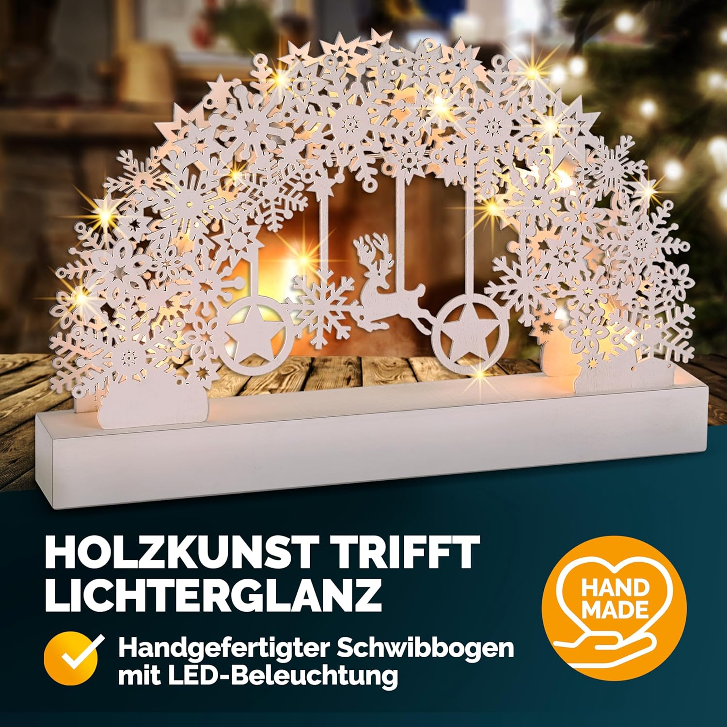 Monzana® Schwibbogen Weihnachten Batteriebetrieben Timer Kabellos Holz LED Beleuchtung Deko Lichterbogen Weihnachtsdeko Schwippbogen Lichterkranz Weiß — Ansicht 3
