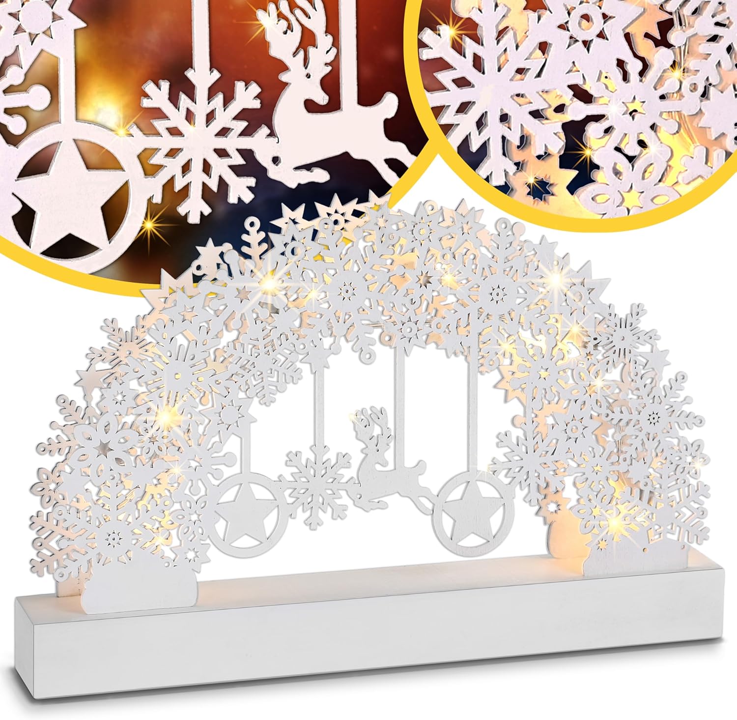 Monzana® Schwibbogen Weihnachten Batteriebetrieben Timer Kabellos Holz LED Beleuchtung Deko Lichterbogen Weihnachtsdeko Schwippbogen Lichterkranz Weiß