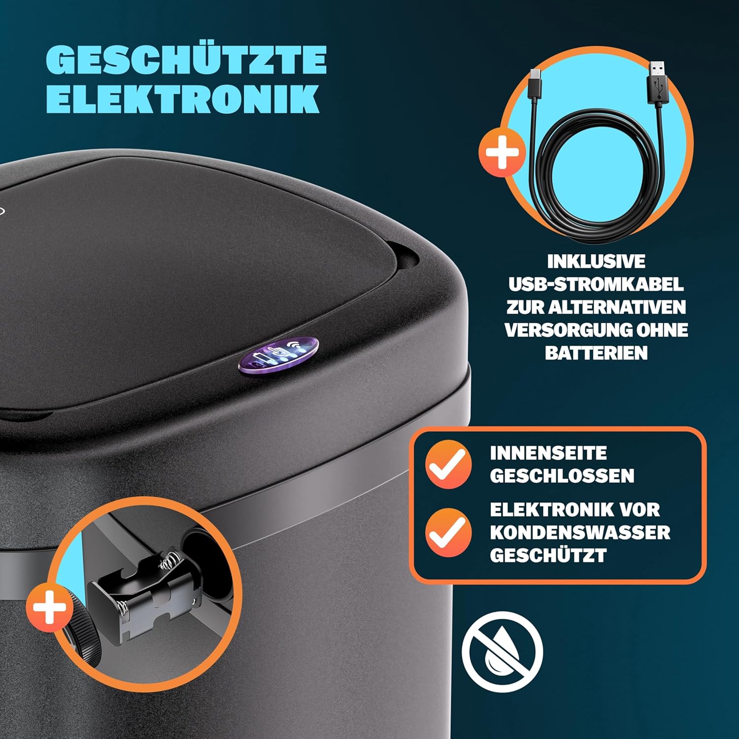 Monzana® Sensor Mülleimer Küche 58 L Automatik mit Bewegungssensor Soft-Close-Deckel Wasserdicht USB-Kabel Smarter Abfalleimer Müllbehälter Schwarz — Ansicht 6