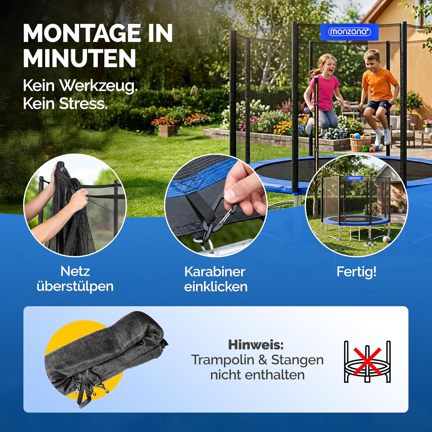 Monzana® Sicherheitsnetz Trampolin Ø 183/244/305/366/427 cm 6-8 Stangen UV-beständig Trampolinnetz Trampolinschutz — Ansicht 5