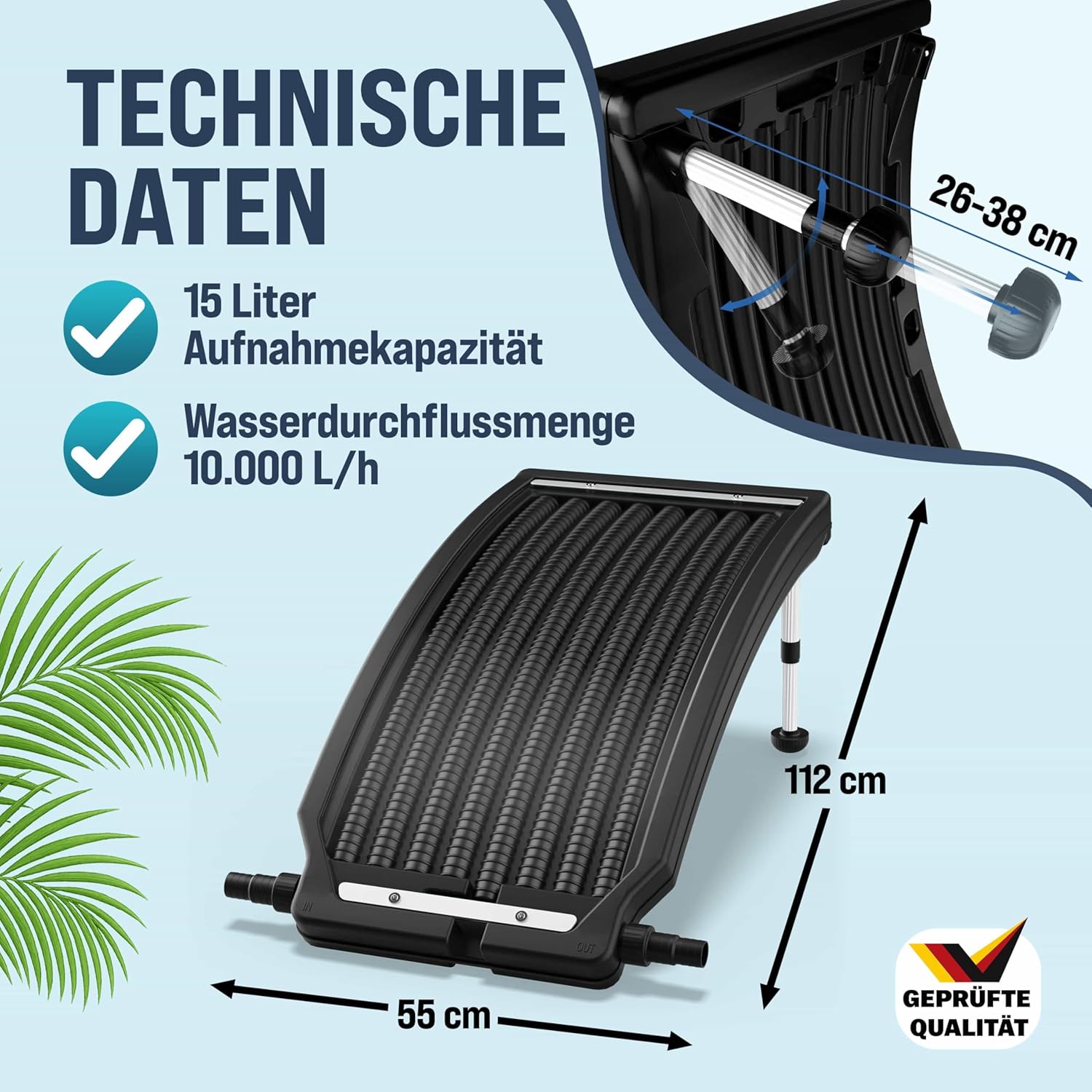 Monzana® Sonnenkollektor Pool 112x55x14cm 10000 L/h Höhenverstellbar 32/38mm Anschluss UV-Beständig Erweiterbar Poolheizung Solar Heizung Wasser — Ansicht 6