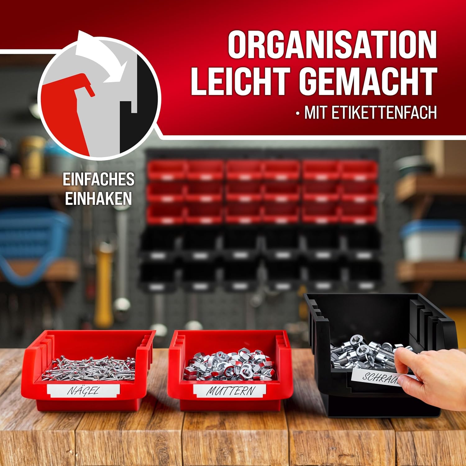 Monzana® Stapelboxen 32 tlg. Erweiterbar Etikettenfach Stabil Stoßfest Starke Wandplatten Wandregal Werkstattregal Werkzeuglochwand Kleinteilemagazin — Ansicht 5