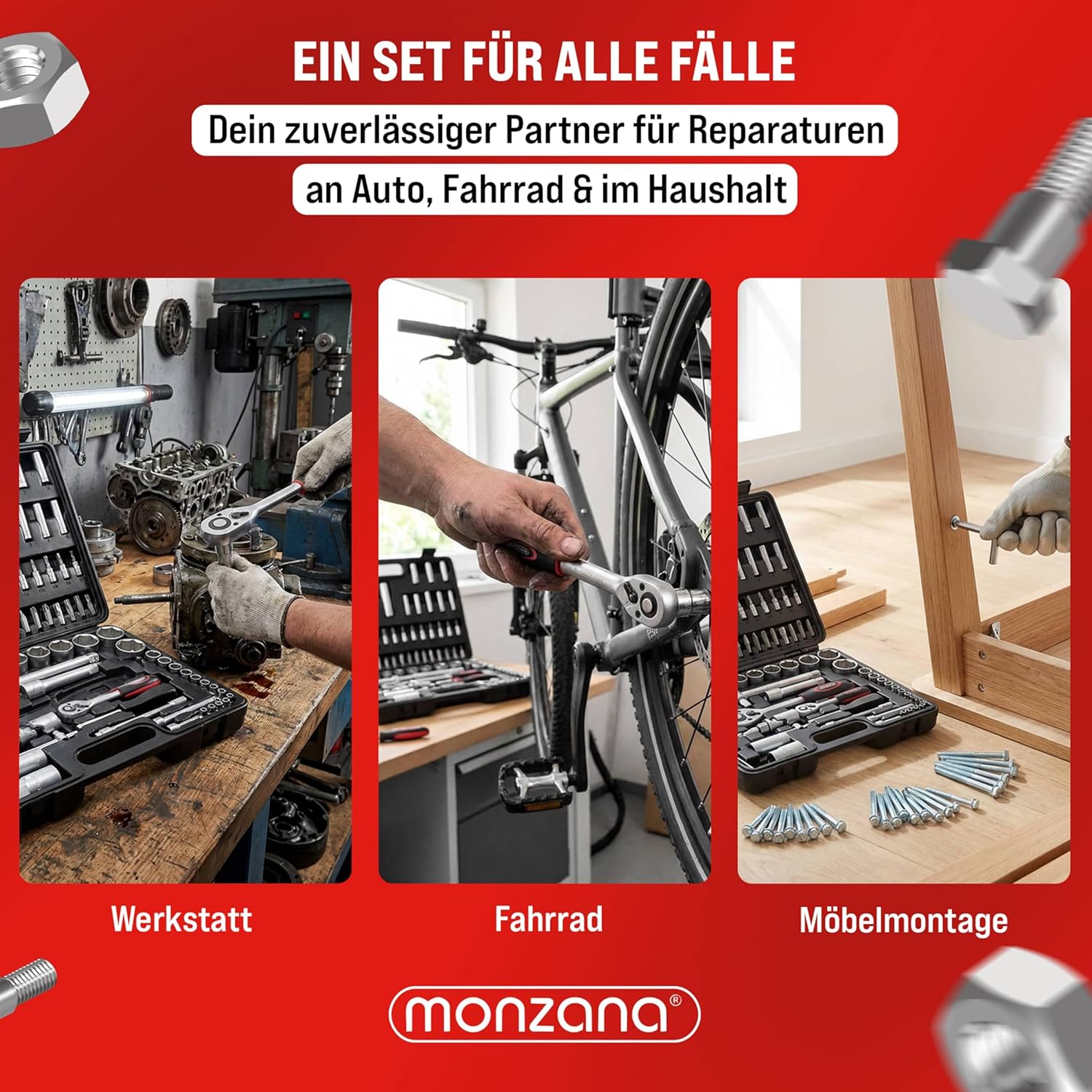 MONZANA® Steckschlüsselsatz 94 tlg. CV-Stahl 1/4' + 1/2' Transportkoffer Nusskasten Knarrenkasten Ratschenkasten — Ansicht 3