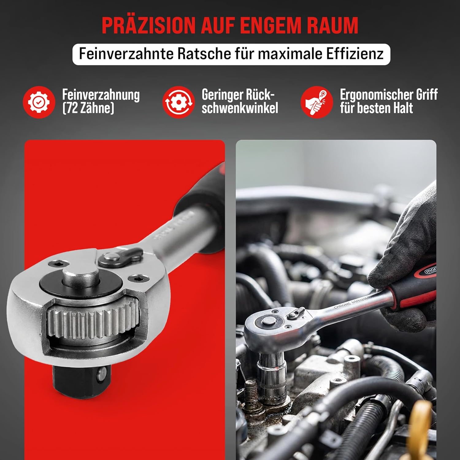 MONZANA® Steckschlüsselsatz 94 tlg. CV-Stahl 1/4' + 1/2' Transportkoffer Nusskasten Knarrenkasten Ratschenkasten — Ansicht 5