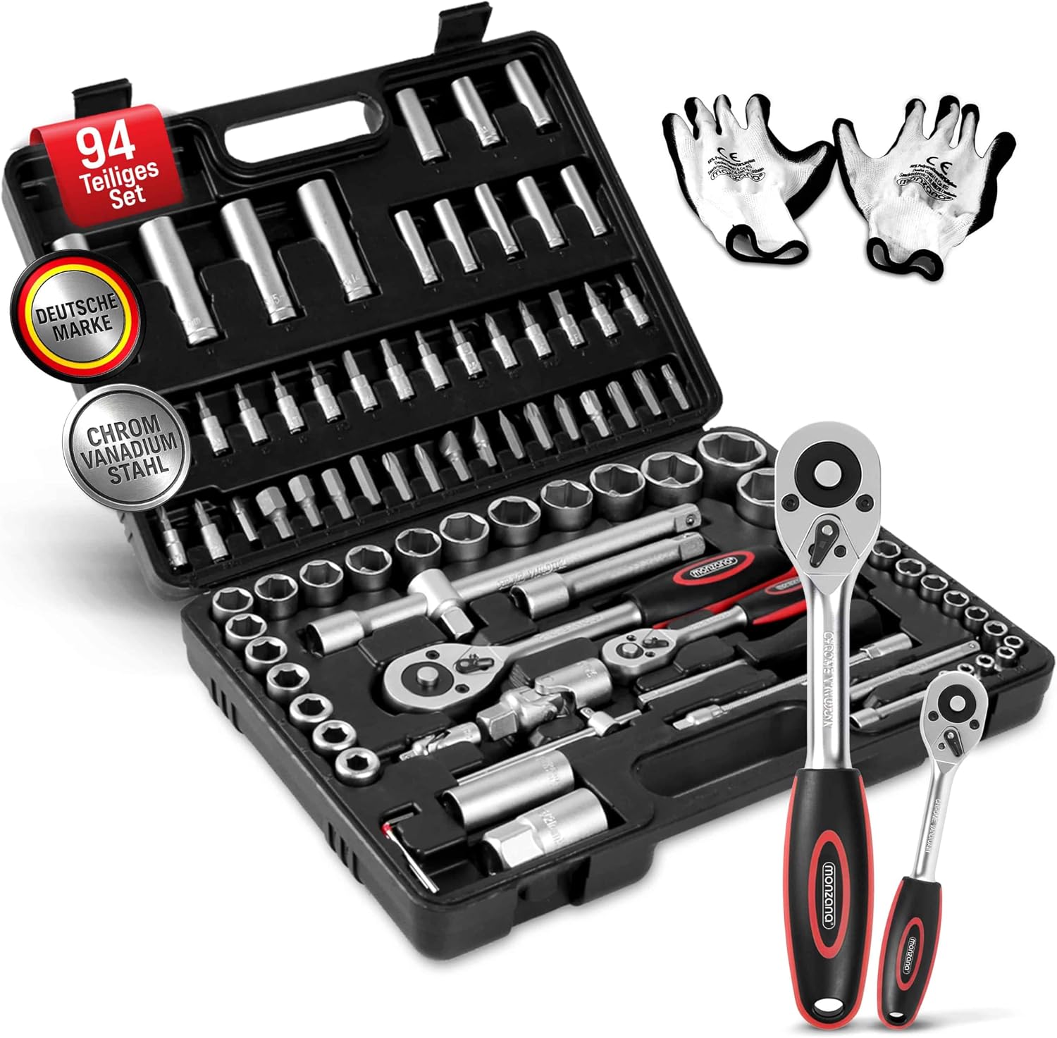 MONZANA® Steckschlüsselsatz 94 tlg. CV-Stahl 1/4' + 1/2' Transportkoffer Nusskasten Knarrenkasten Ratschenkasten